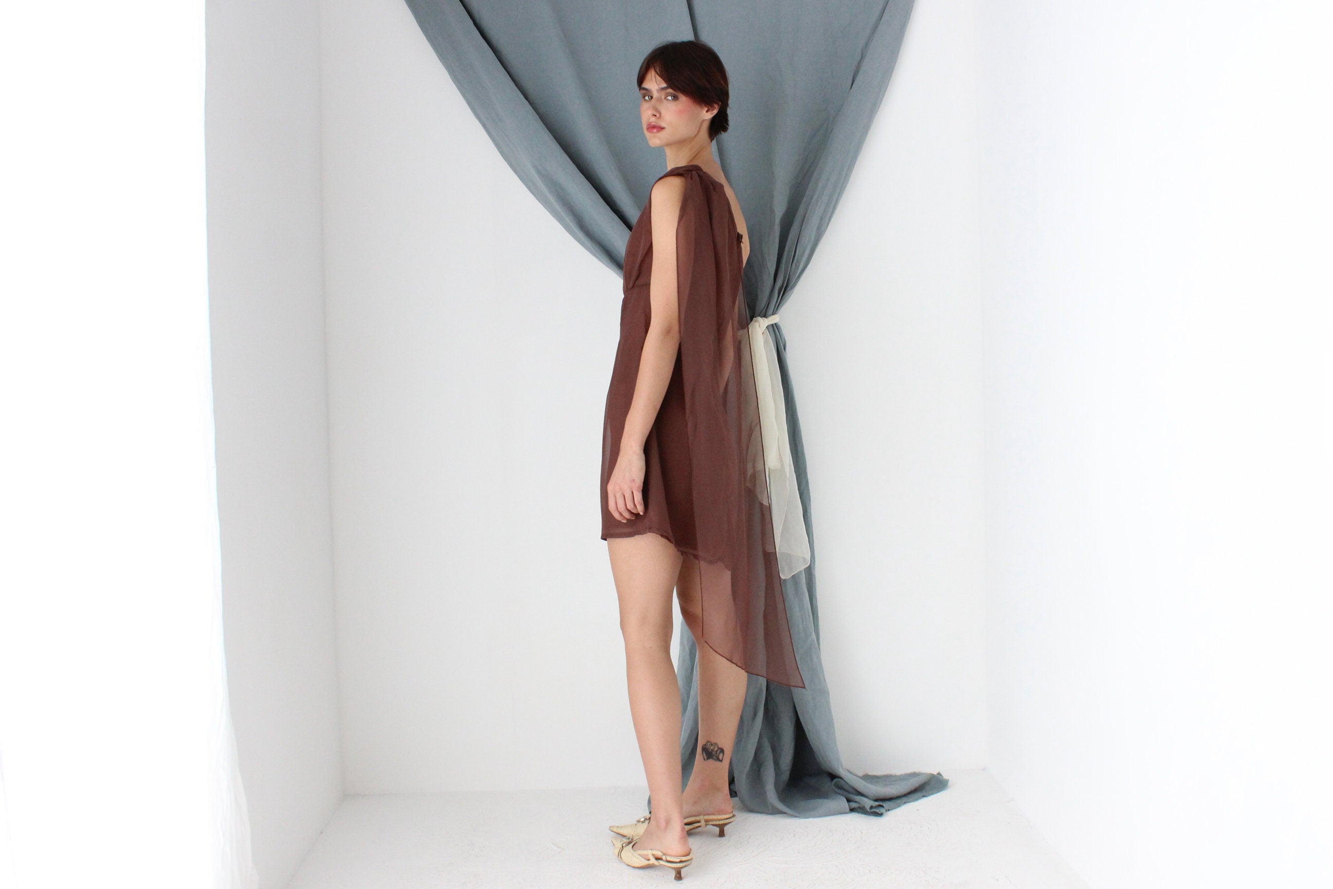 MADE IN ITALY 70s Milk Chocolate One Shoulder Cocktail Dress w/ Organza Cape Detail