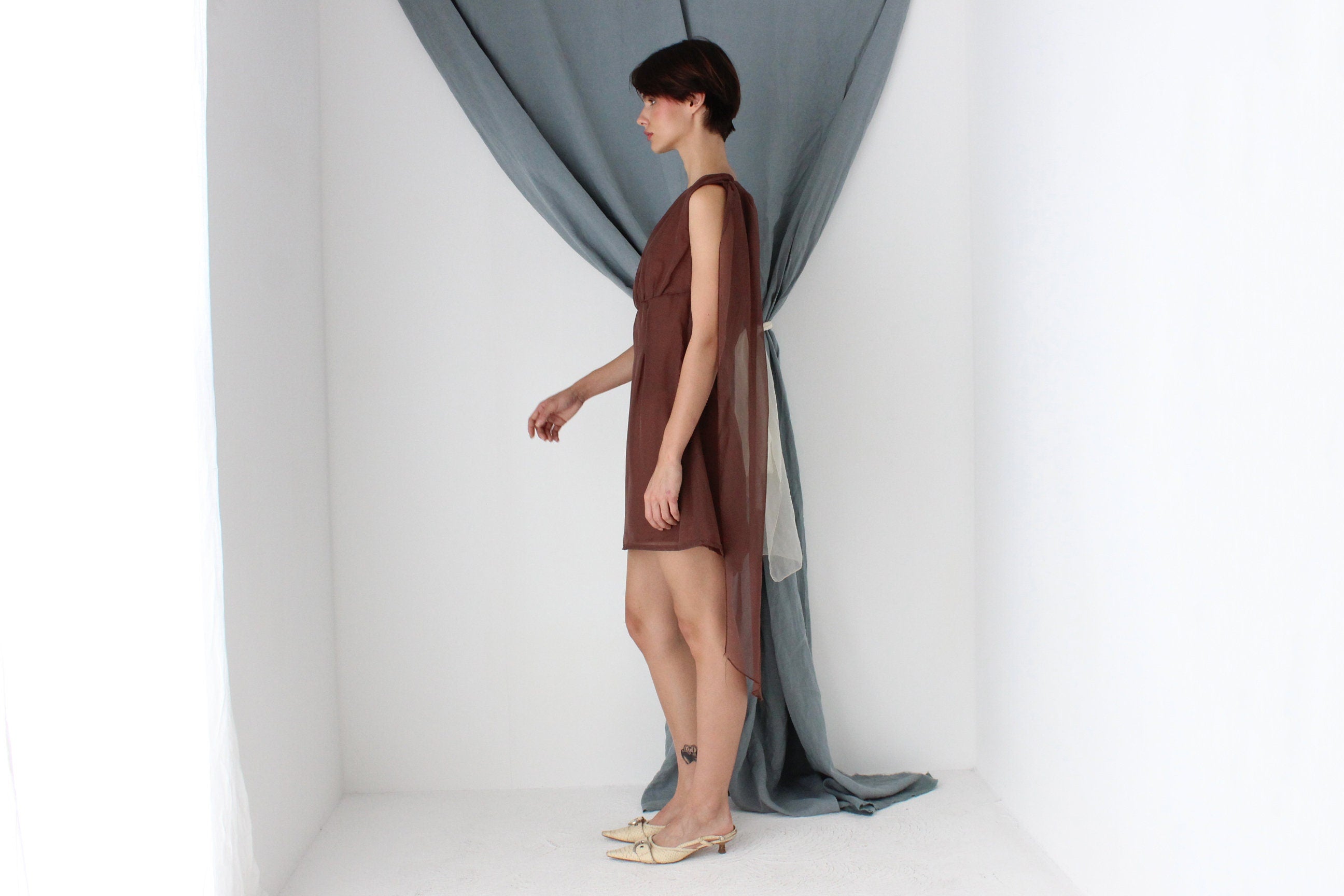 MADE IN ITALY 70s Milk Chocolate One Shoulder Cocktail Dress w/ Organza Cape Detail