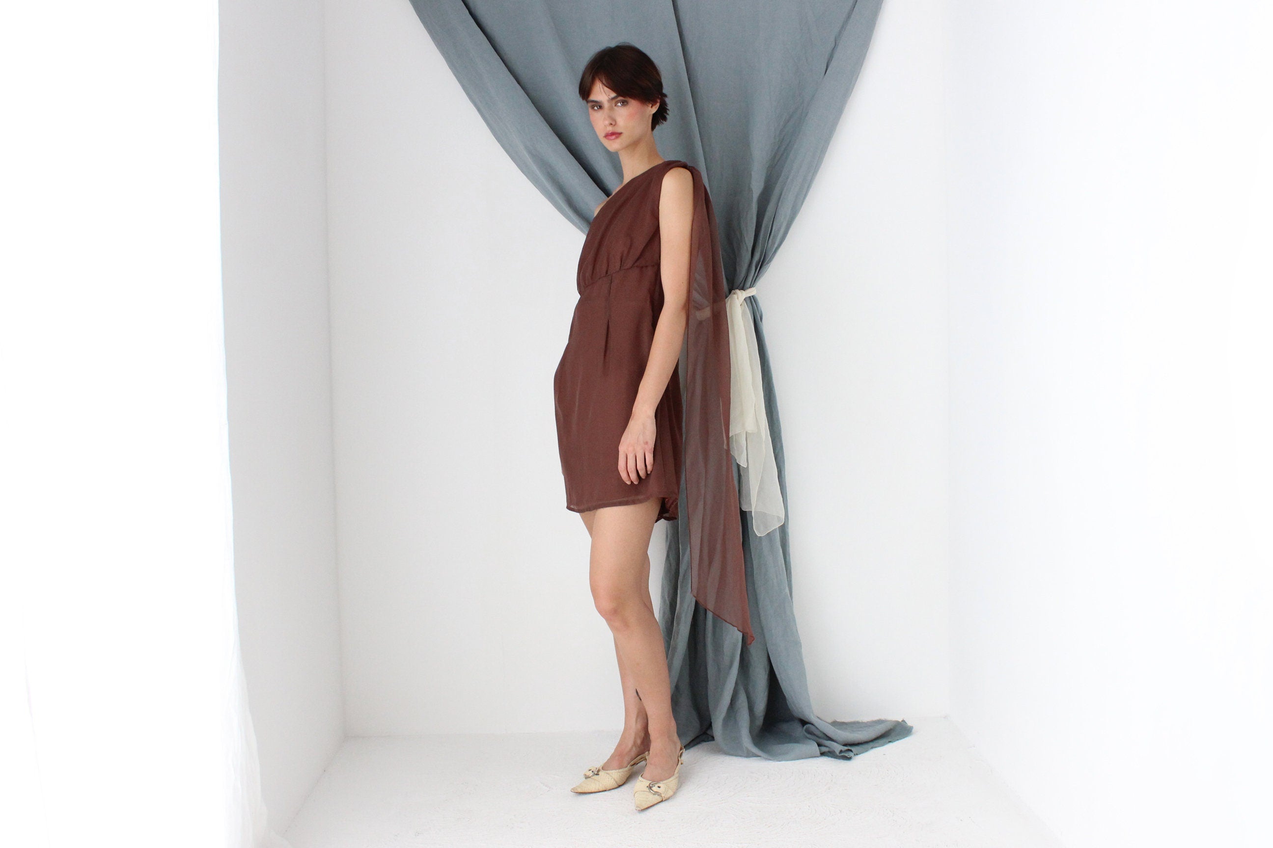 MADE IN ITALY 70s Milk Chocolate One Shoulder Cocktail Dress w/ Organza Cape Detail
