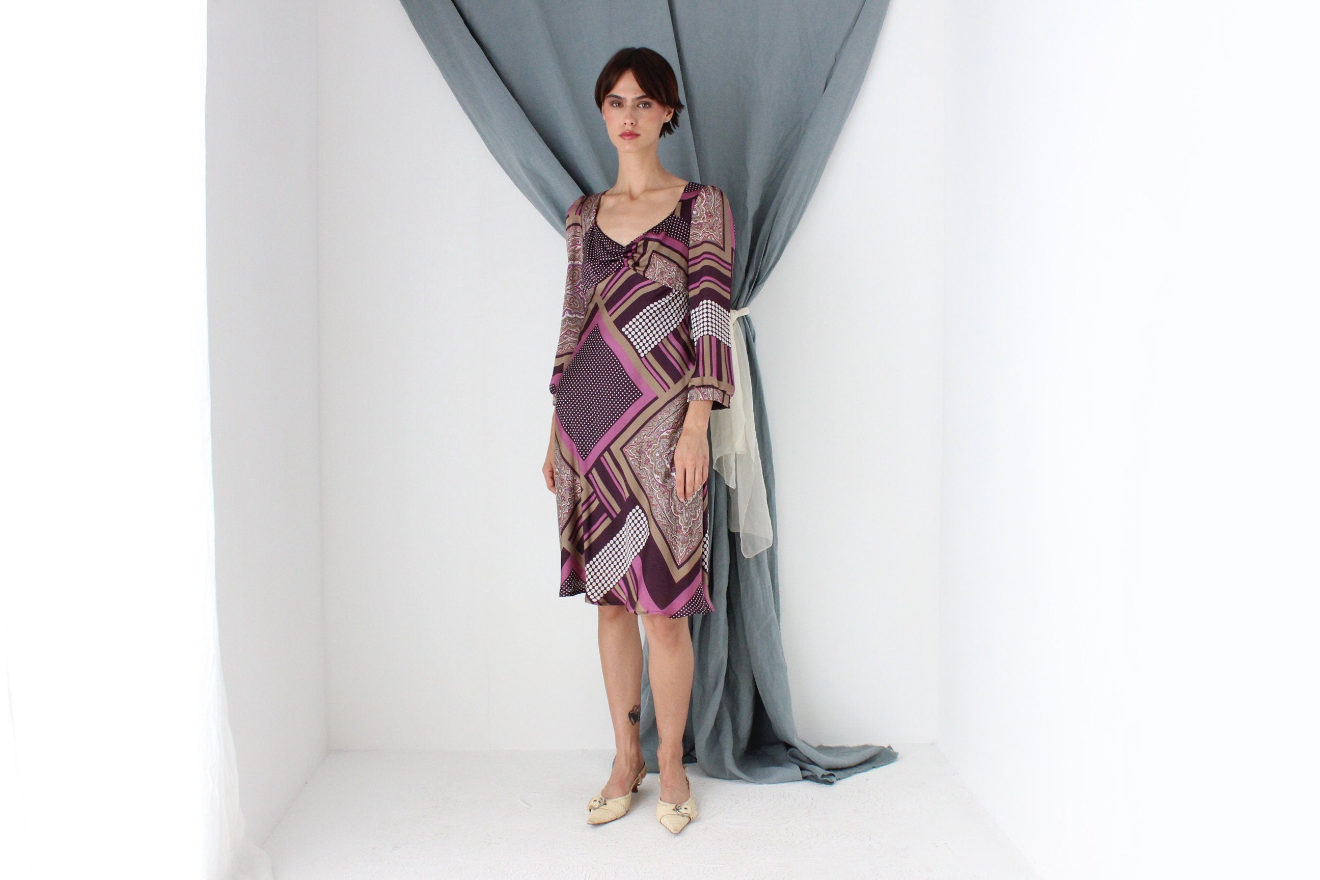 MADE IN ITALY 2000s Patchwork Print Bias Cut Satin Dress