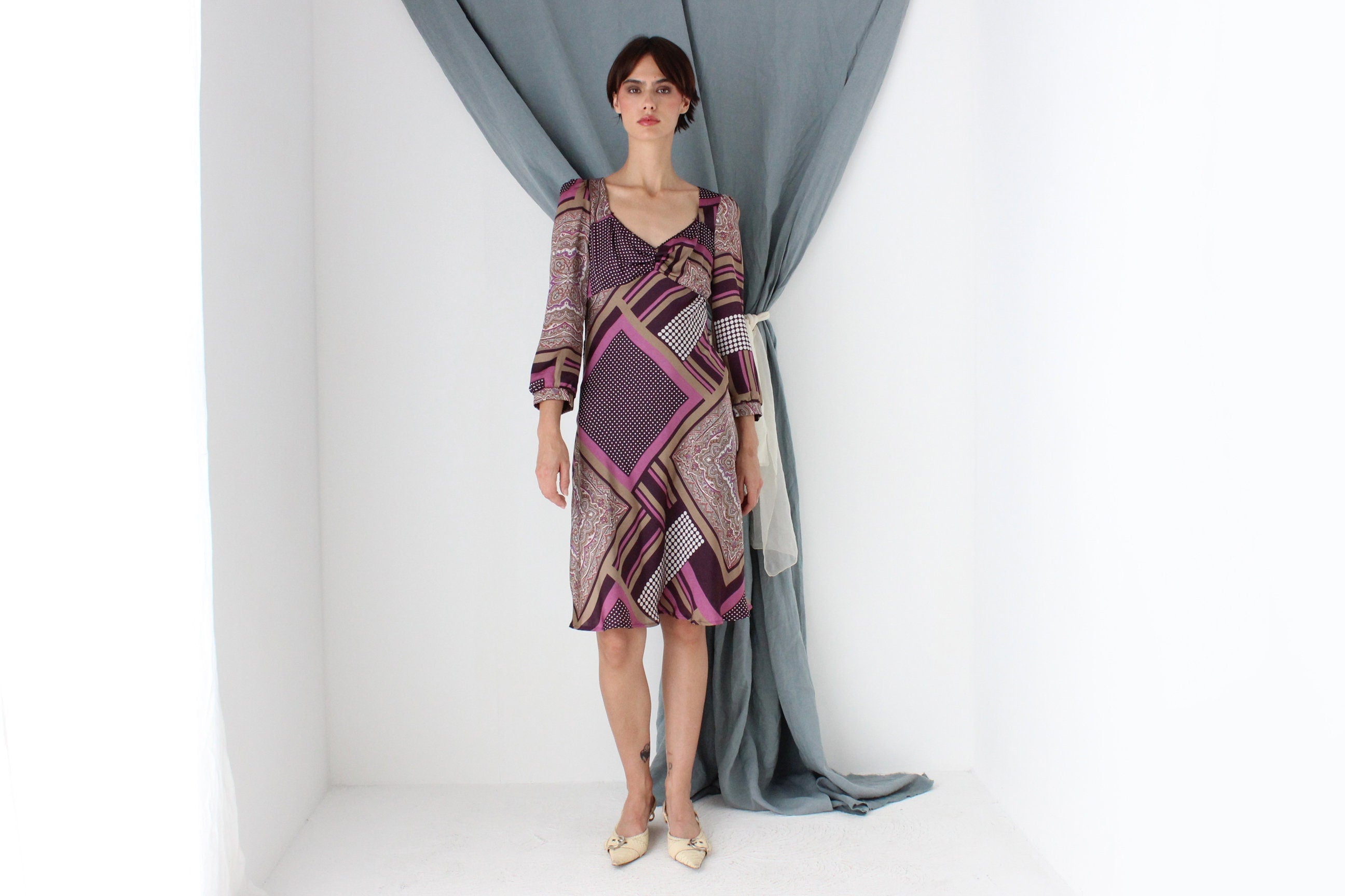 MADE IN ITALY 2000s Patchwork Print Bias Cut Satin Dress