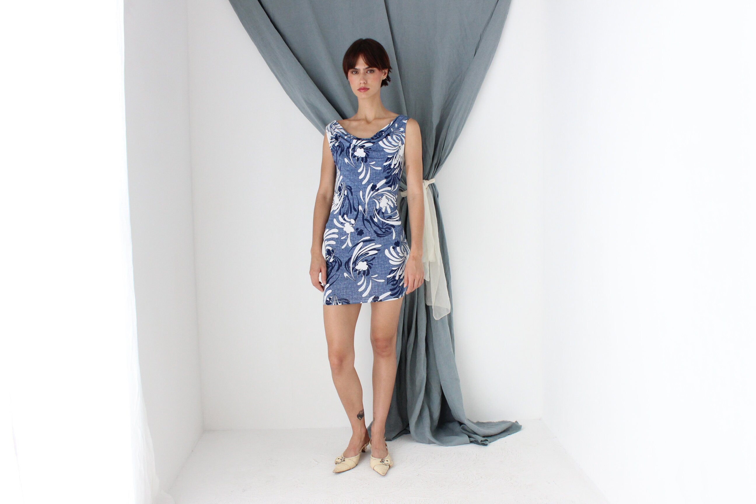 MADE IN ITALY Y2K Denim Printed Stretch Cowl Neck Mini Dress