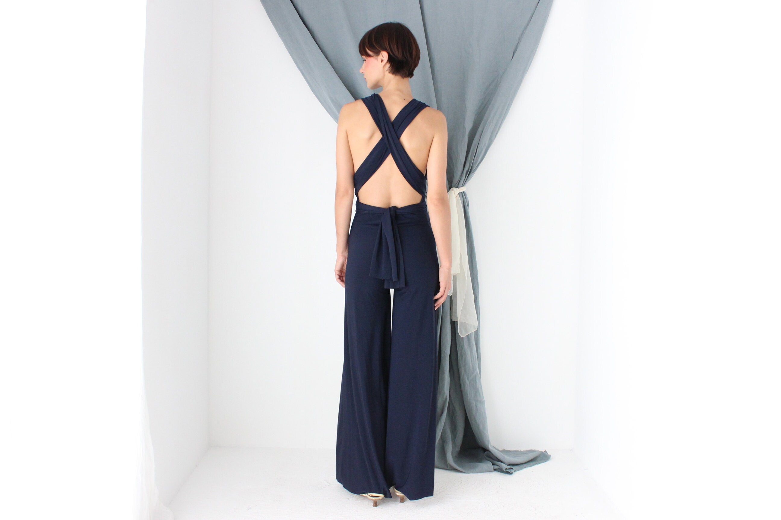 MADE IN ITALY Slinky Plunge Halter Neck Flared Jumpsuit