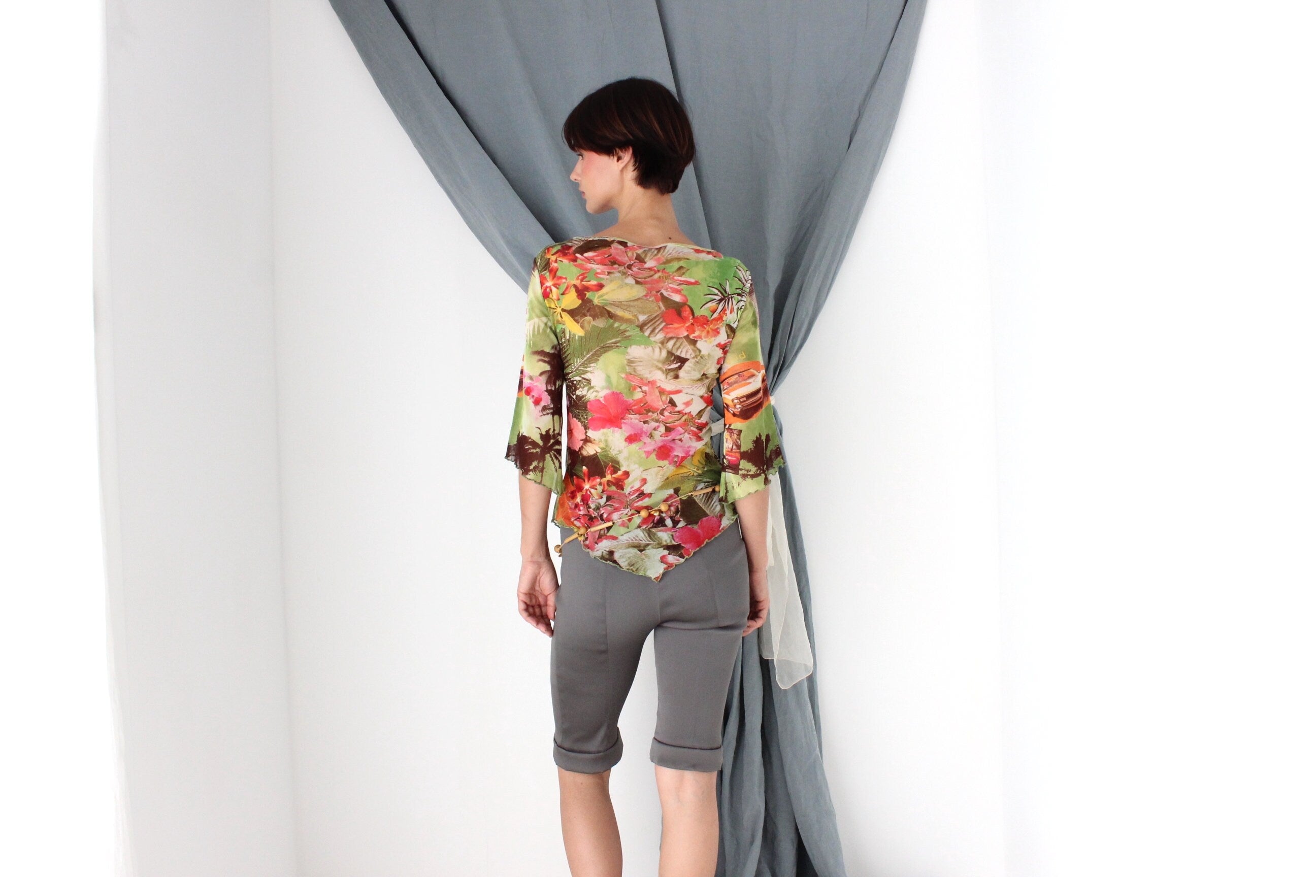 MADE IN ITALY Y2K Printed Mesh Top w/ Bead Embellishment
