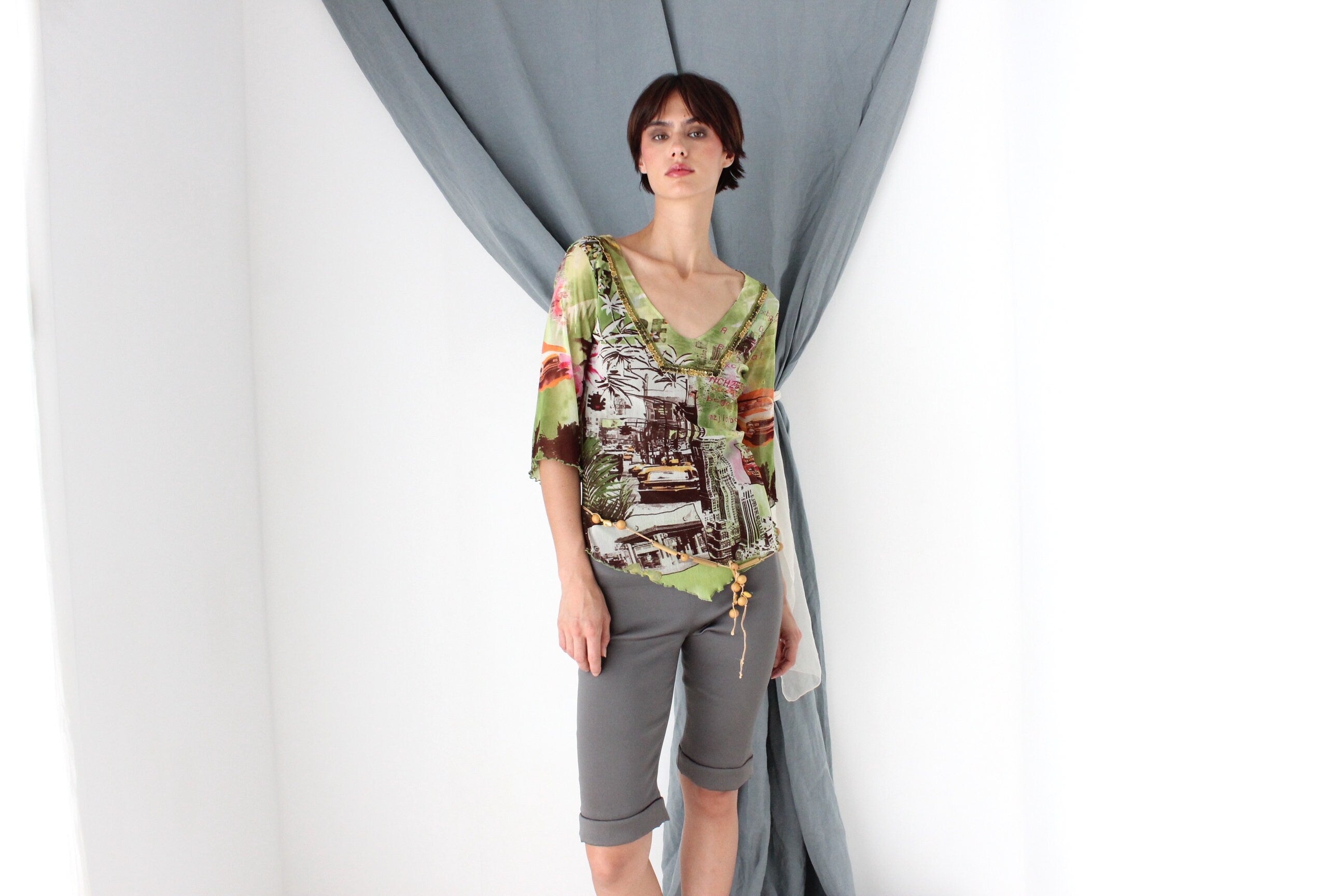 MADE IN ITALY Y2K Printed Mesh Top w/ Bead Embellishment