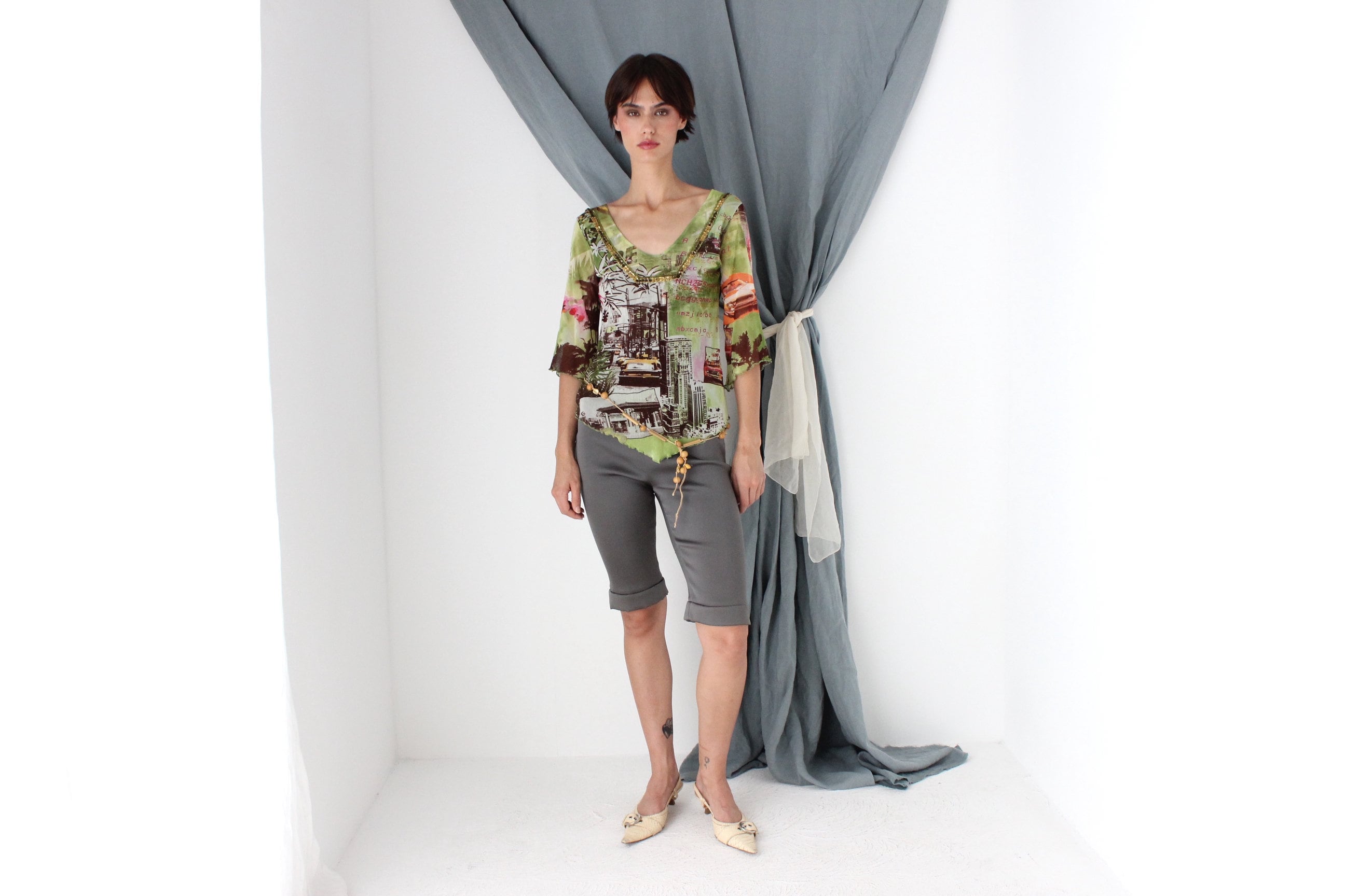 MADE IN ITALY Y2K Printed Mesh Top w/ Bead Embellishment