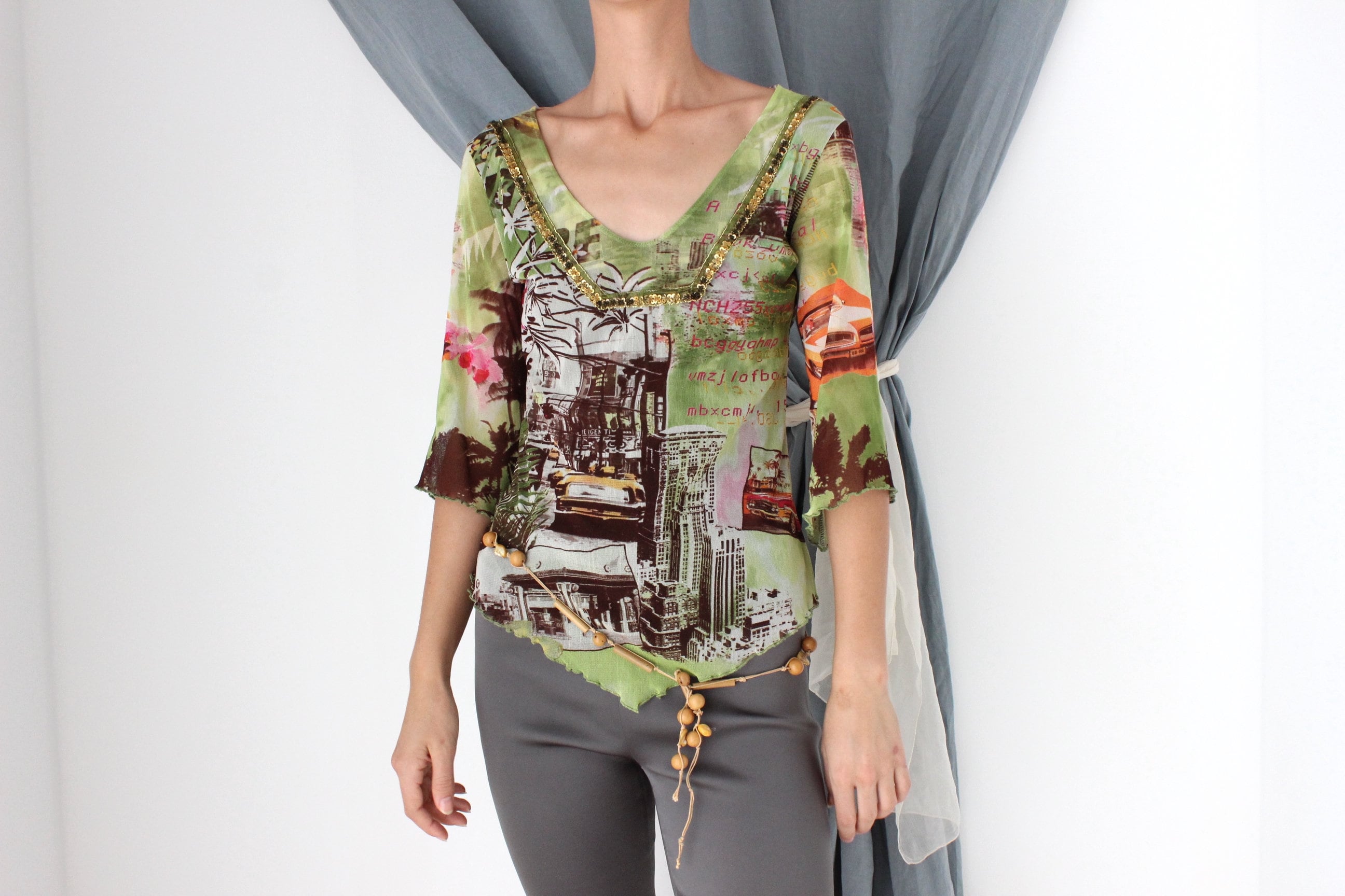 MADE IN ITALY Y2K Printed Mesh Top w/ Bead Embellishment