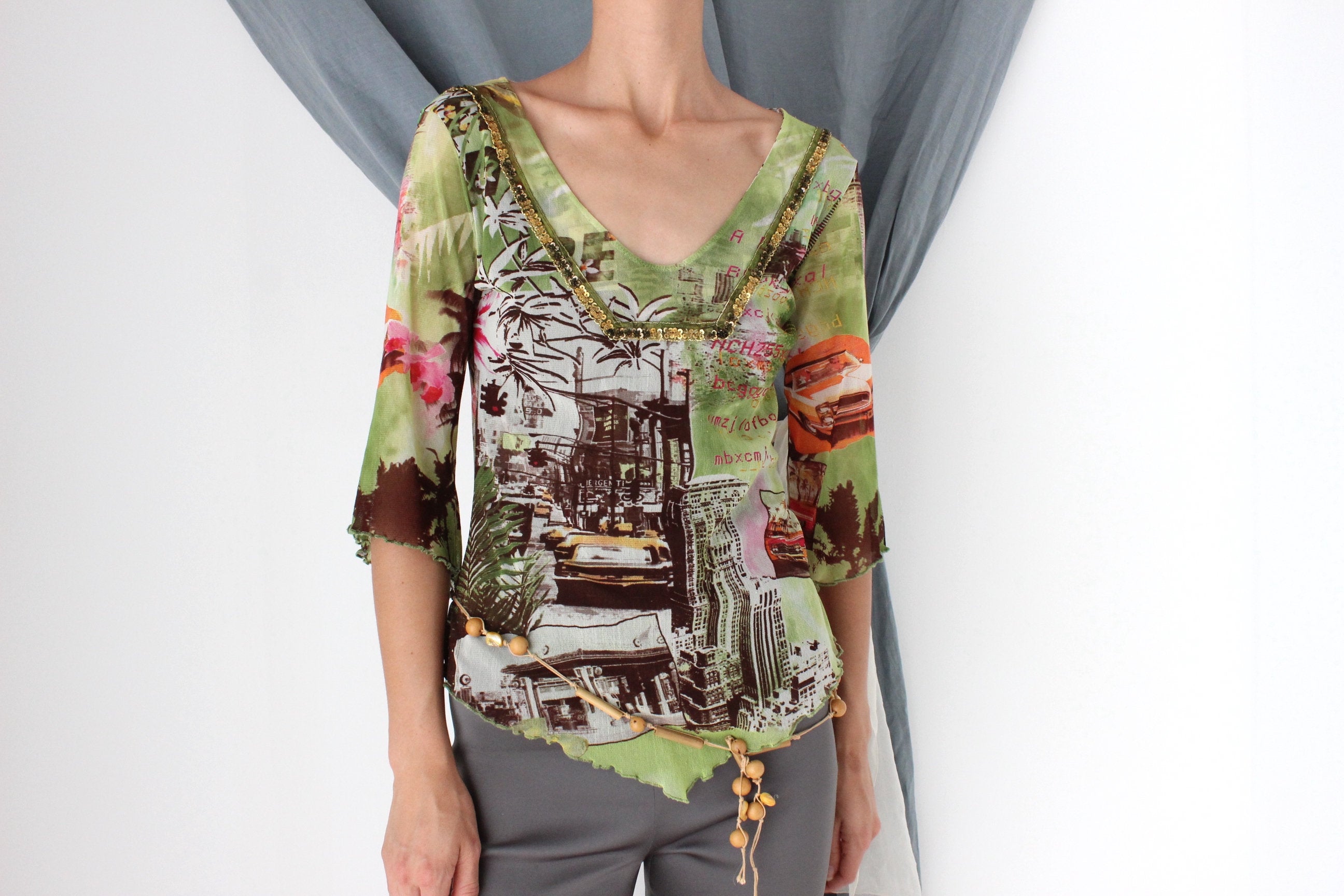 MADE IN ITALY Y2K Printed Mesh Top w/ Bead Embellishment
