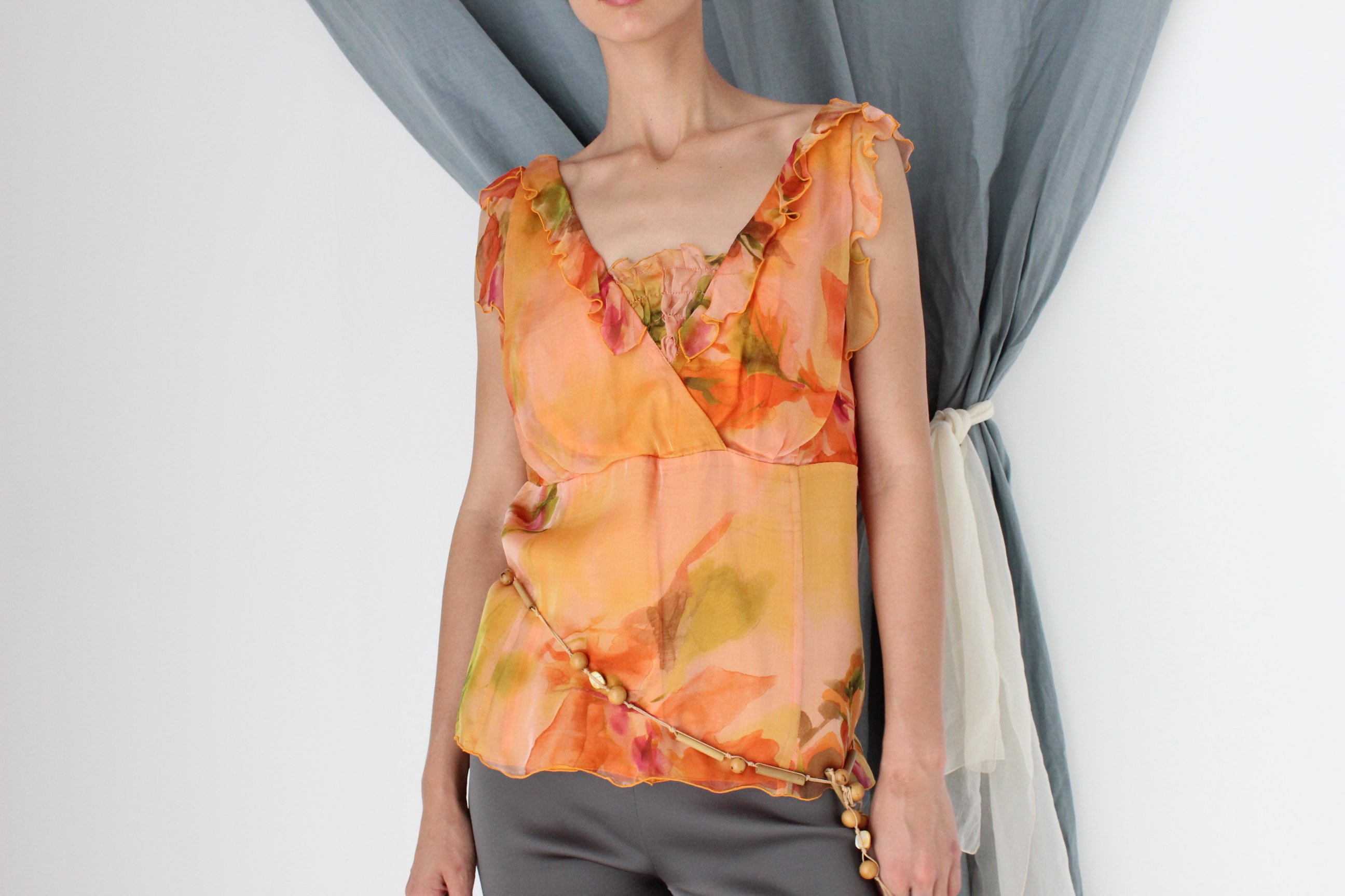 MADE IN ITALY Y2K Pure Silk Ruffle Romantic Floral Top