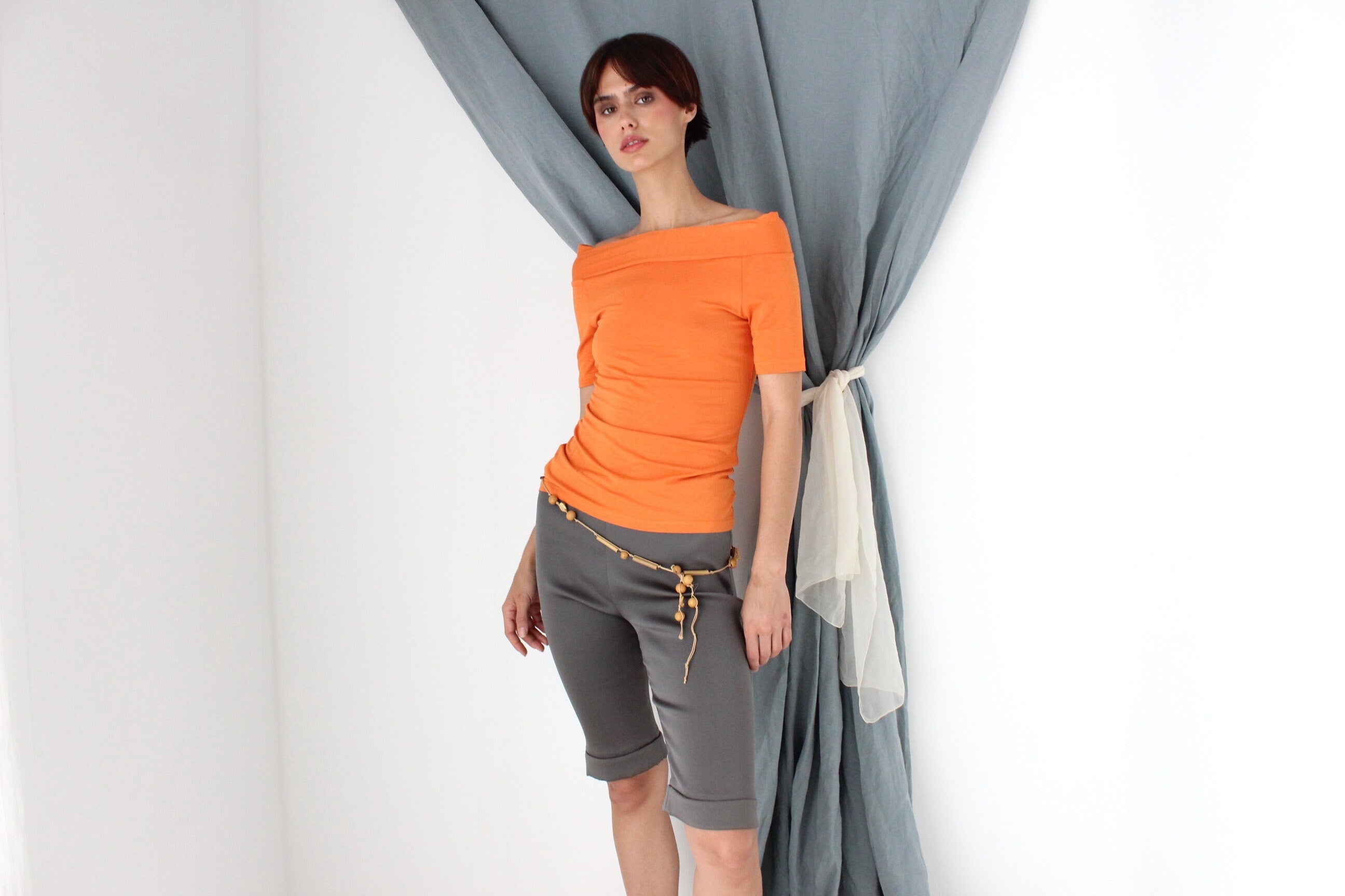 MADE IN ITALY Y2K Bright Orange Jersey Off-Shoulder Top