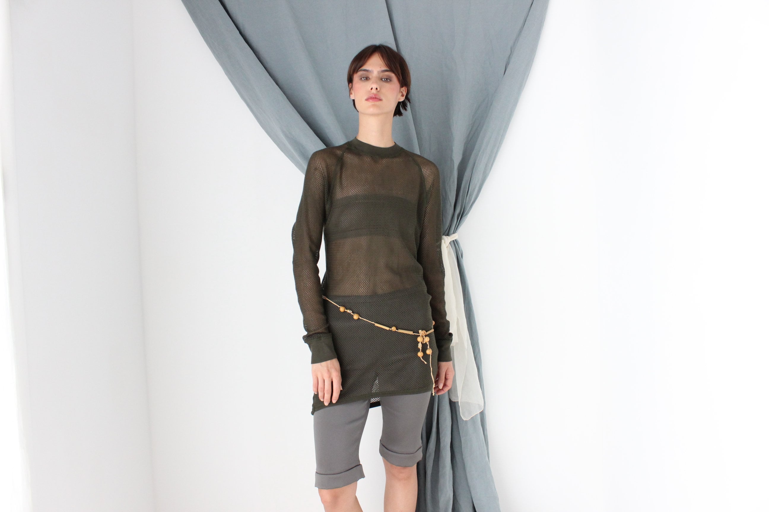 MADE IN ITALY 2000s Khaki Fishnet Mesh Long Sleeve Top or Mini