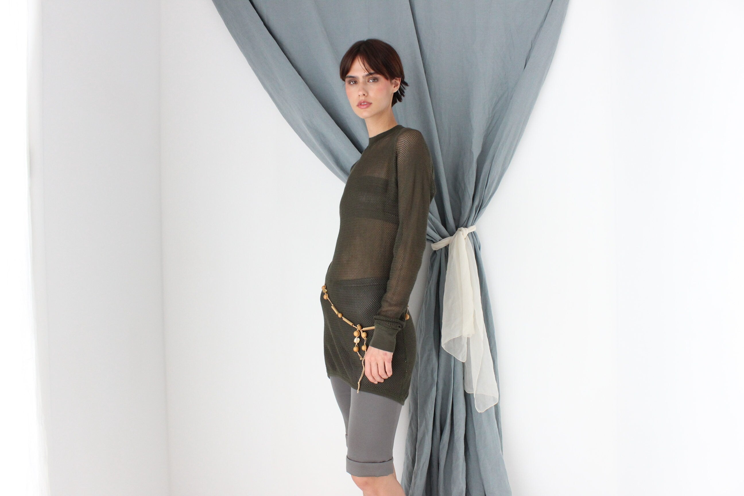MADE IN ITALY 2000s Khaki Fishnet Mesh Long Sleeve Top or Mini