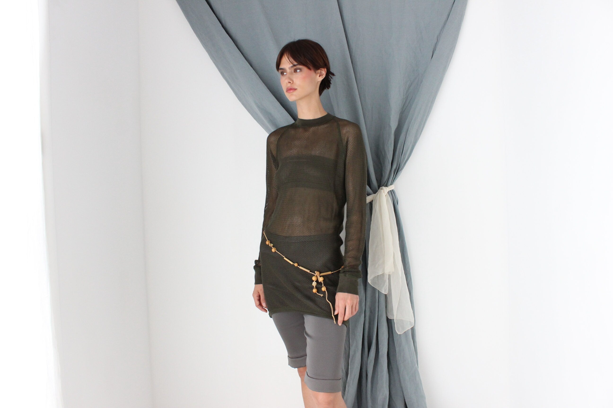 MADE IN ITALY 2000s Khaki Fishnet Mesh Long Sleeve Top or Mini