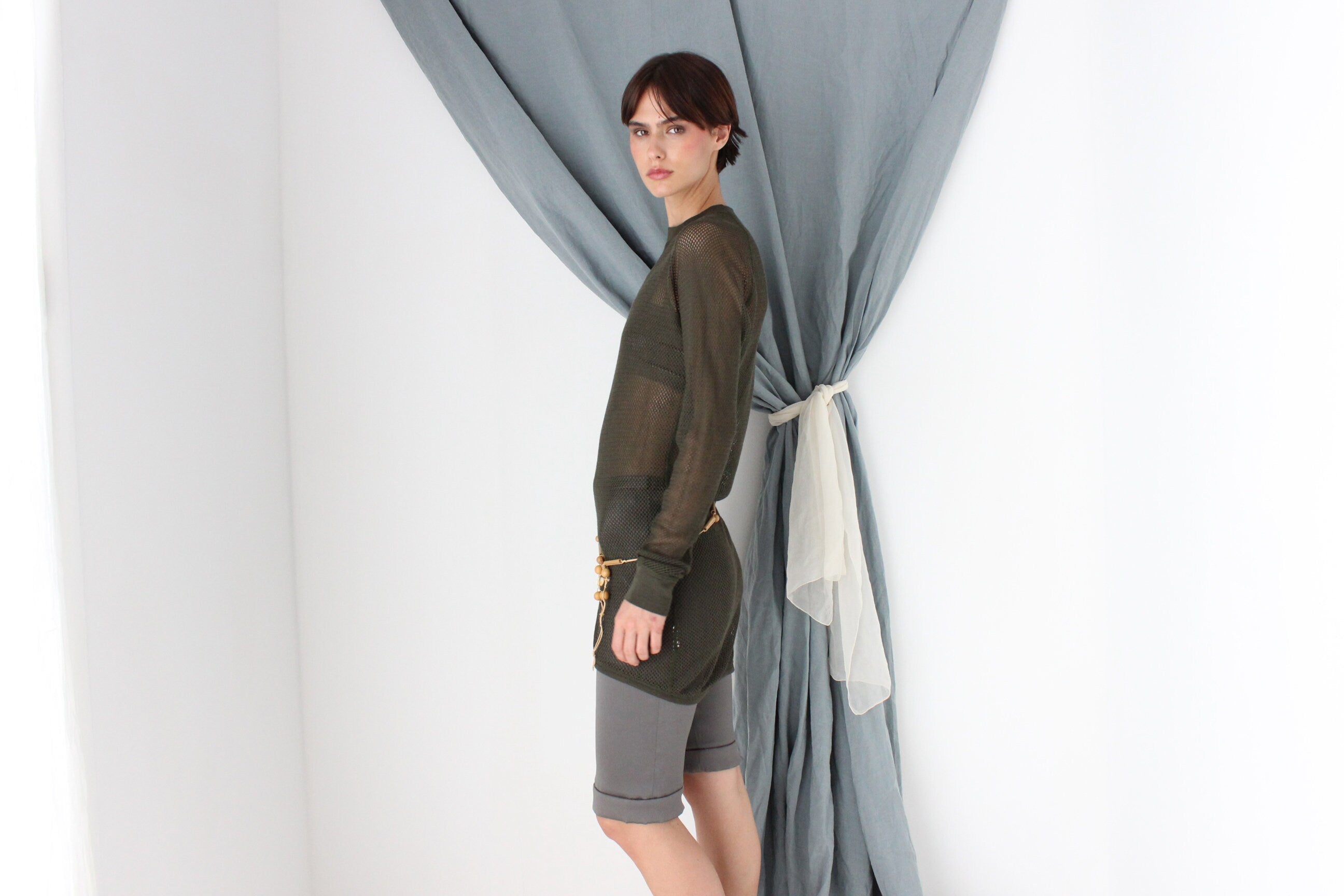 MADE IN ITALY 2000s Khaki Fishnet Mesh Long Sleeve Top or Mini