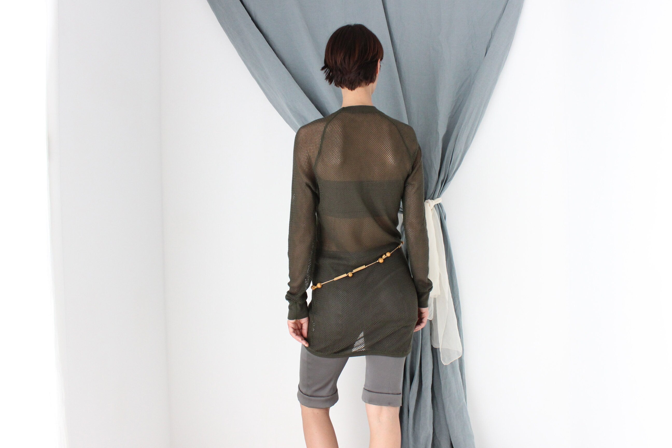 MADE IN ITALY 2000s Khaki Fishnet Mesh Long Sleeve Top or Mini