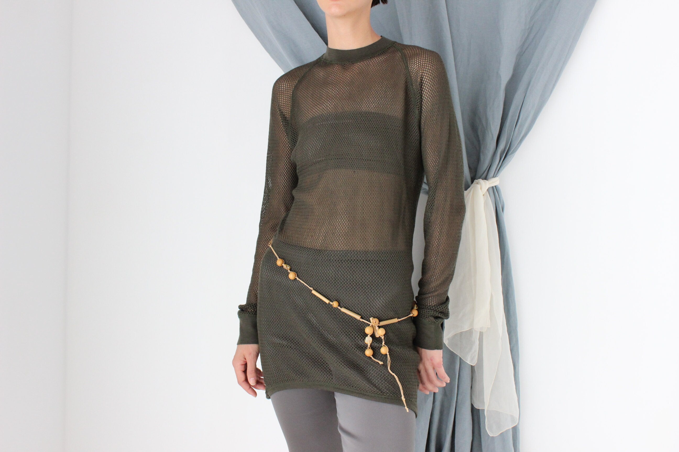 MADE IN ITALY 2000s Khaki Fishnet Mesh Long Sleeve Top or Mini