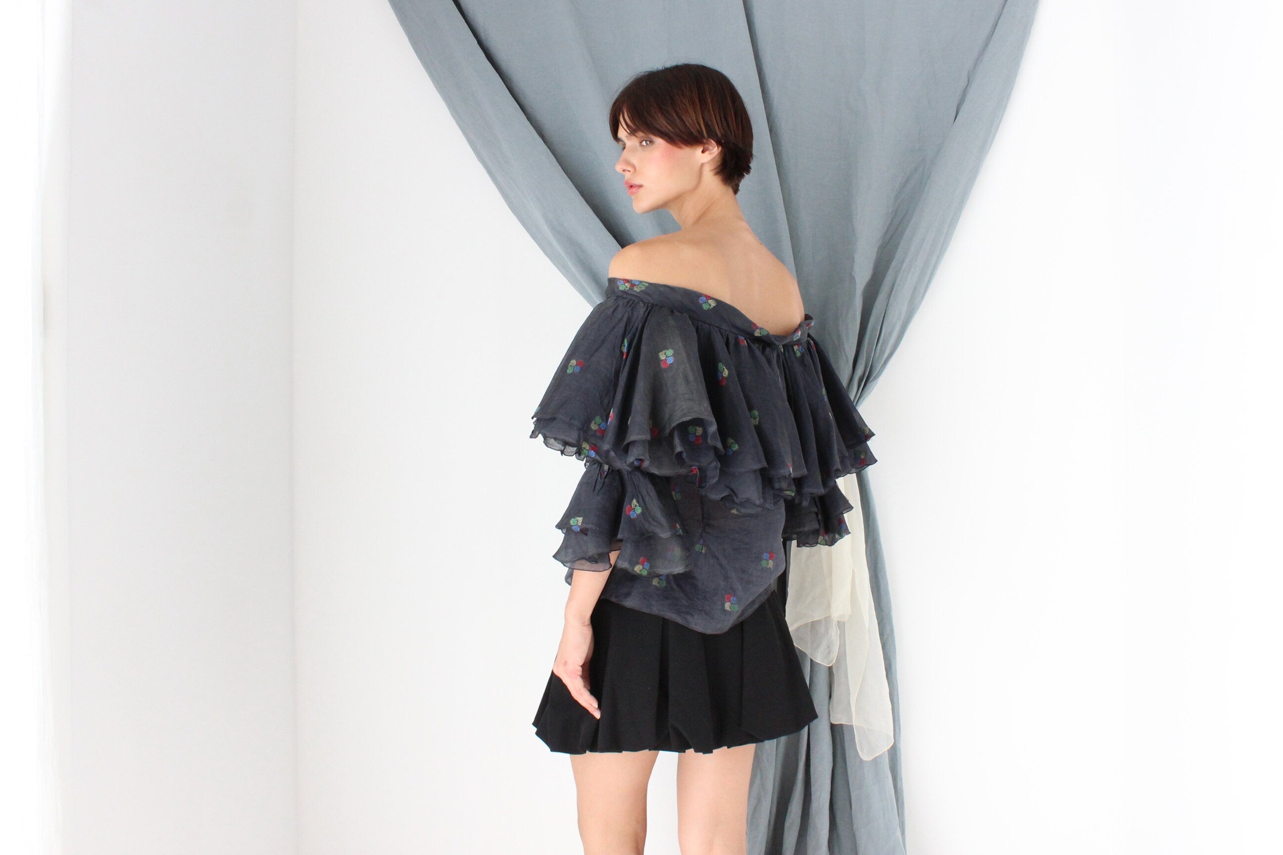 MADE IN ITALY 70s Silk Organza Voluminous Off Shoulder Top