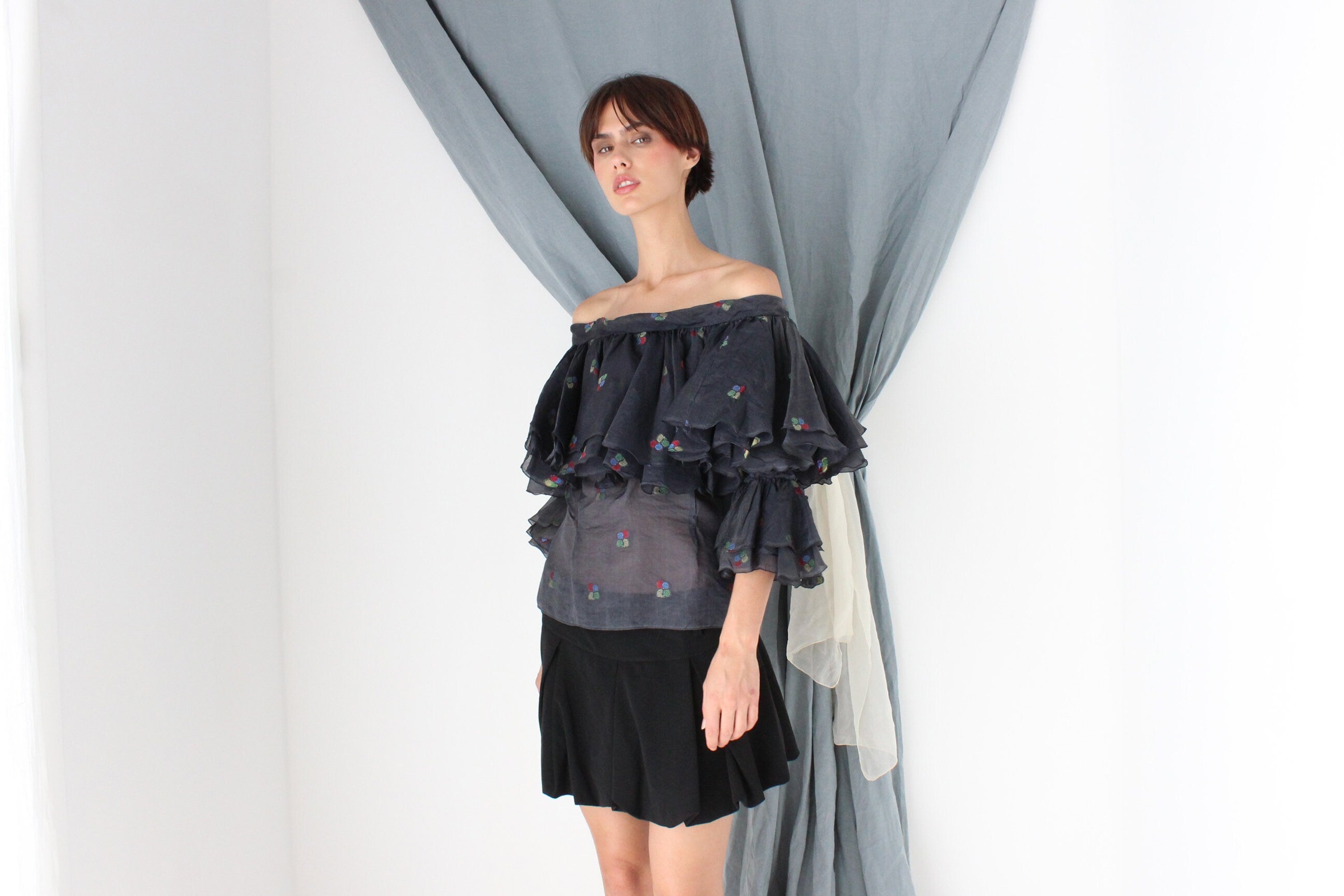 MADE IN ITALY 70s Silk Organza Voluminous Off Shoulder Top