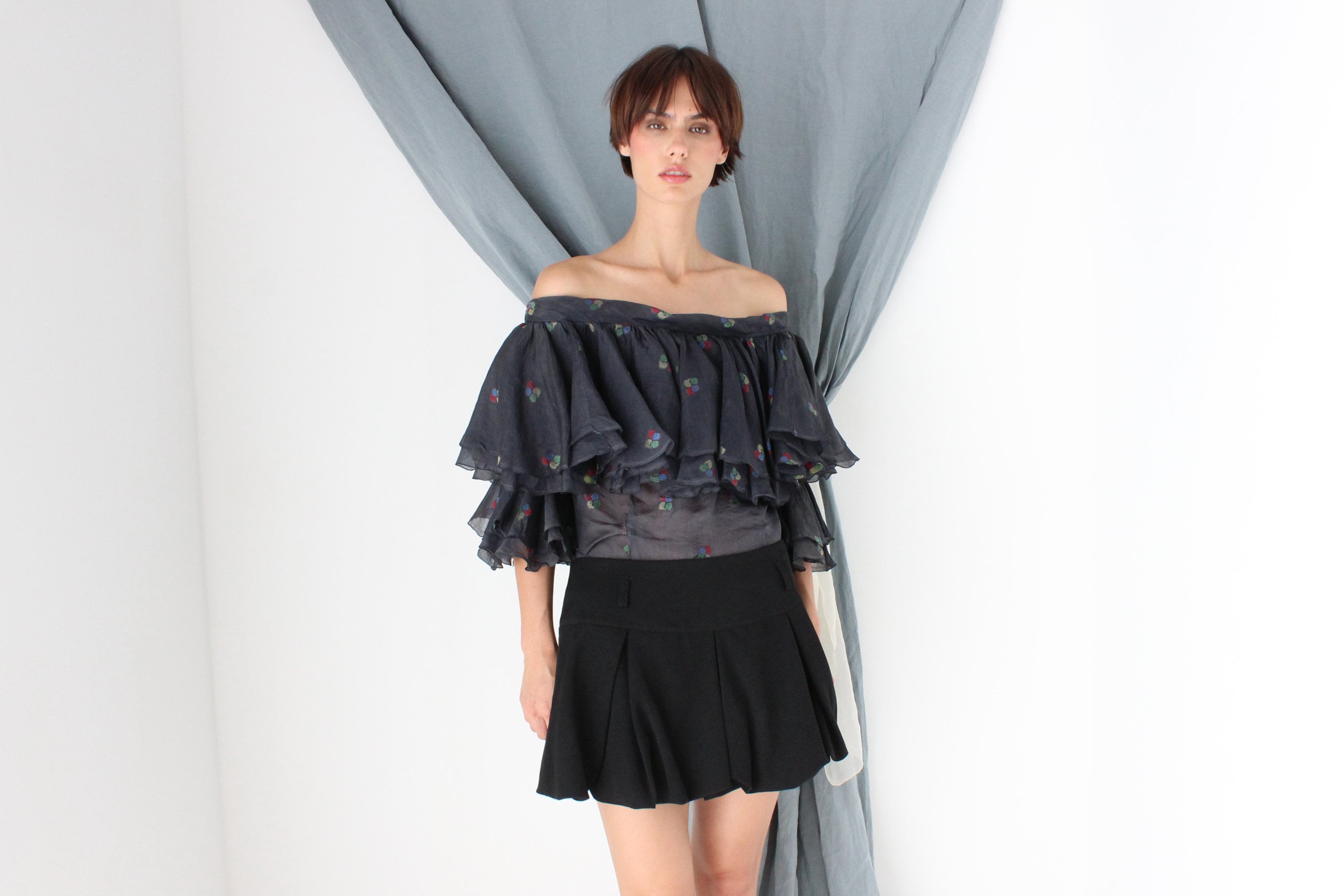 MADE IN ITALY 70s Silk Organza Voluminous Off Shoulder Top