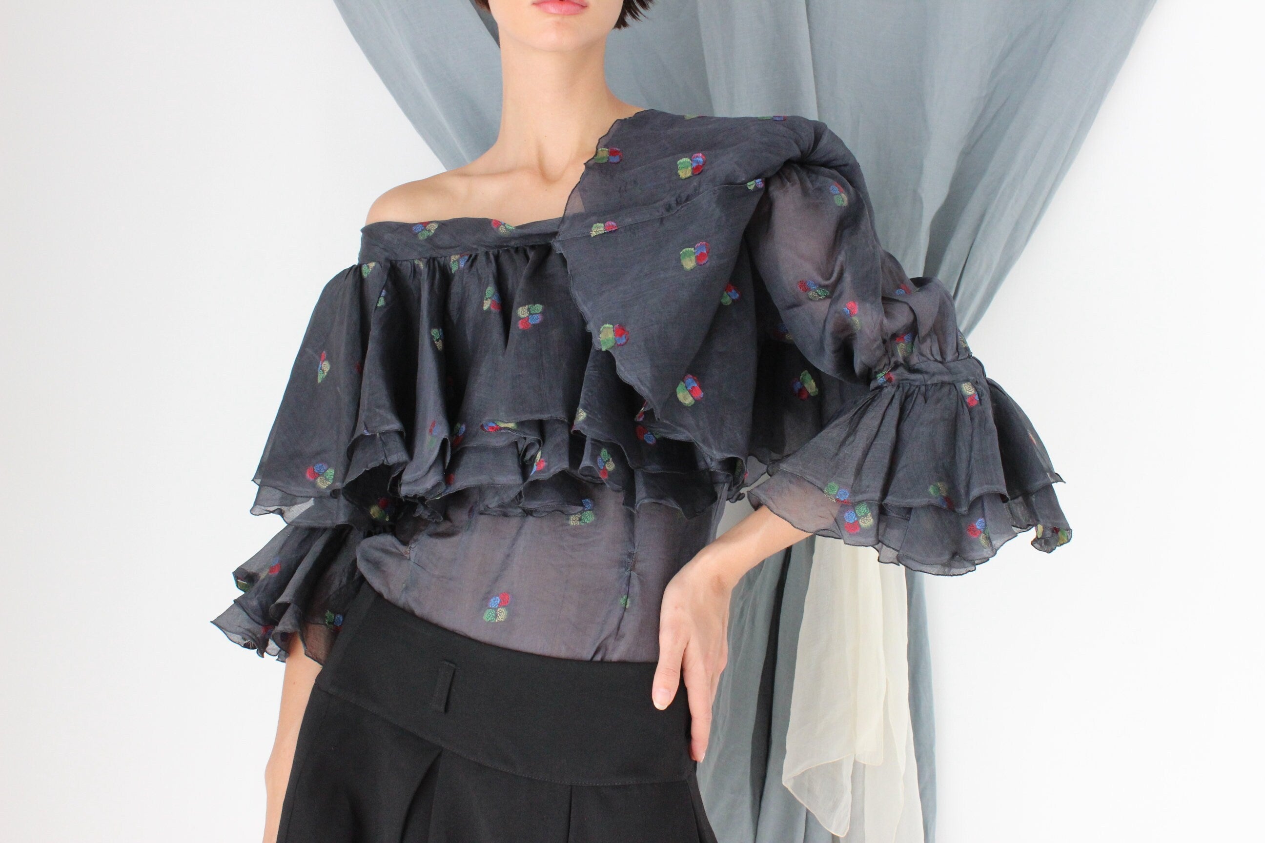 MADE IN ITALY 70s Silk Organza Voluminous Off Shoulder Top