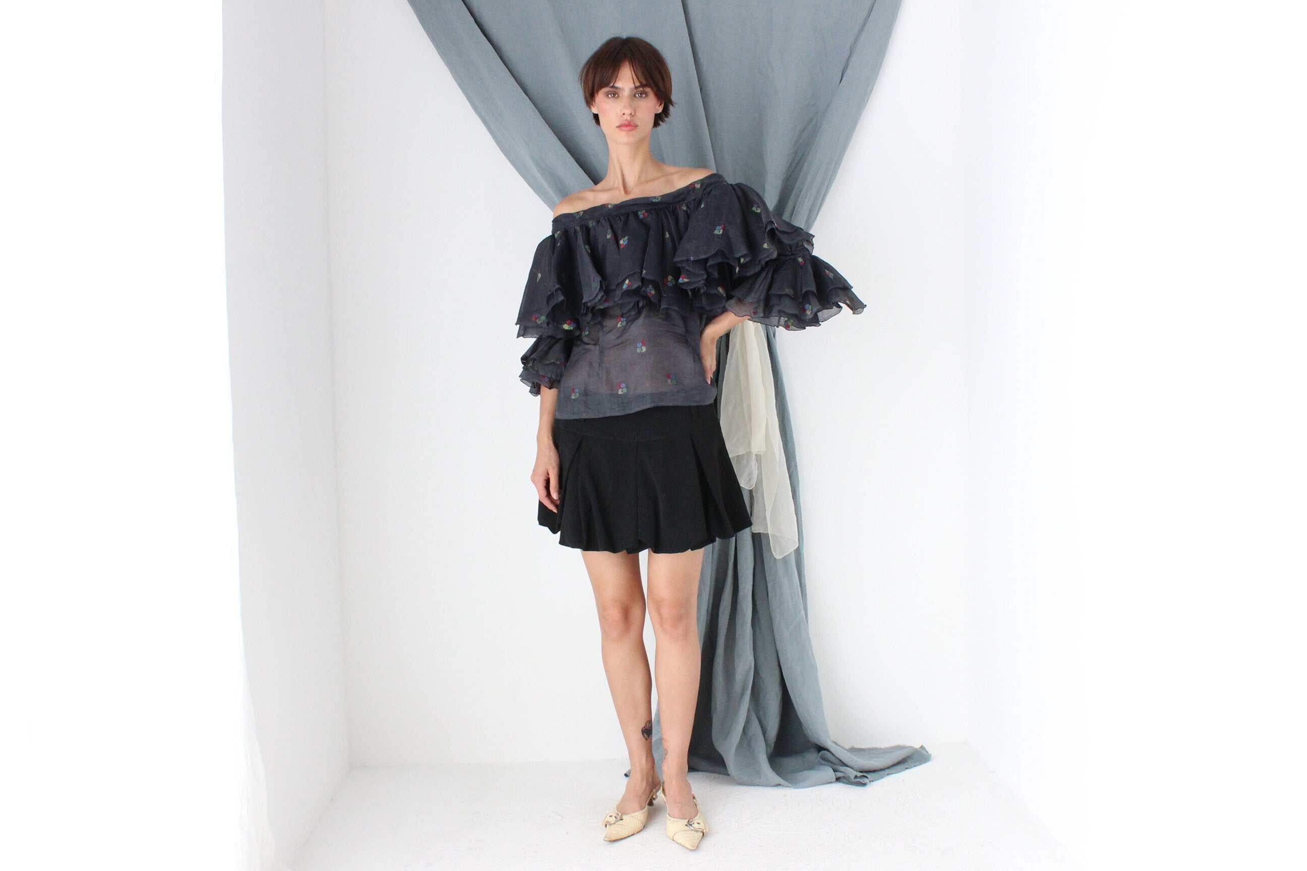 MADE IN ITALY 70s Silk Organza Voluminous Off Shoulder Top