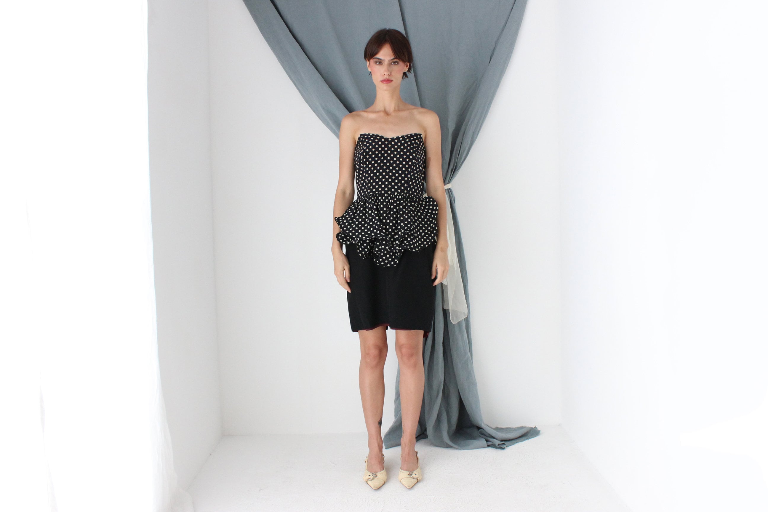 MADE IN ITALY 80s Polka Dot Silk Sculptural Peplum Cocktail Dress