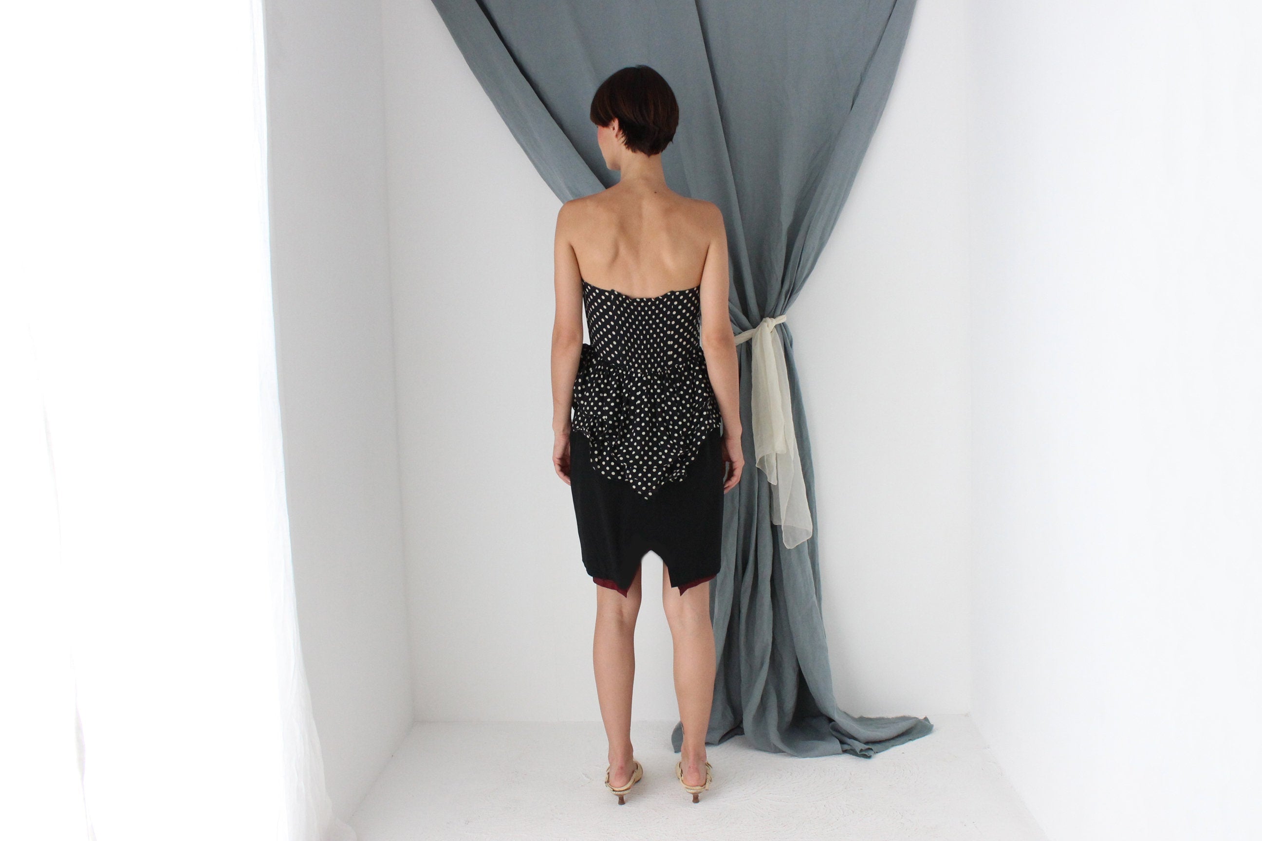 MADE IN ITALY 80s Polka Dot Silk Sculptural Peplum Cocktail Dress