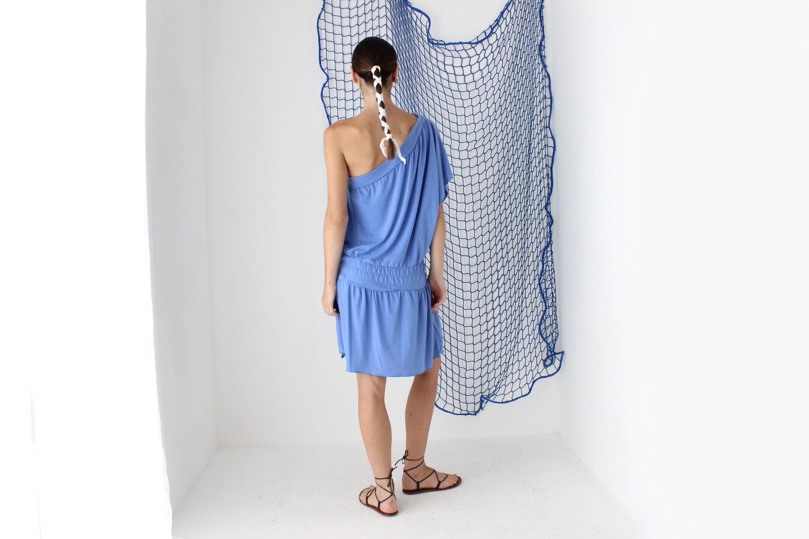 MADE IN GREECE Y2K Jersey One Shoulder Mini Dress w/ Greek Key Motif