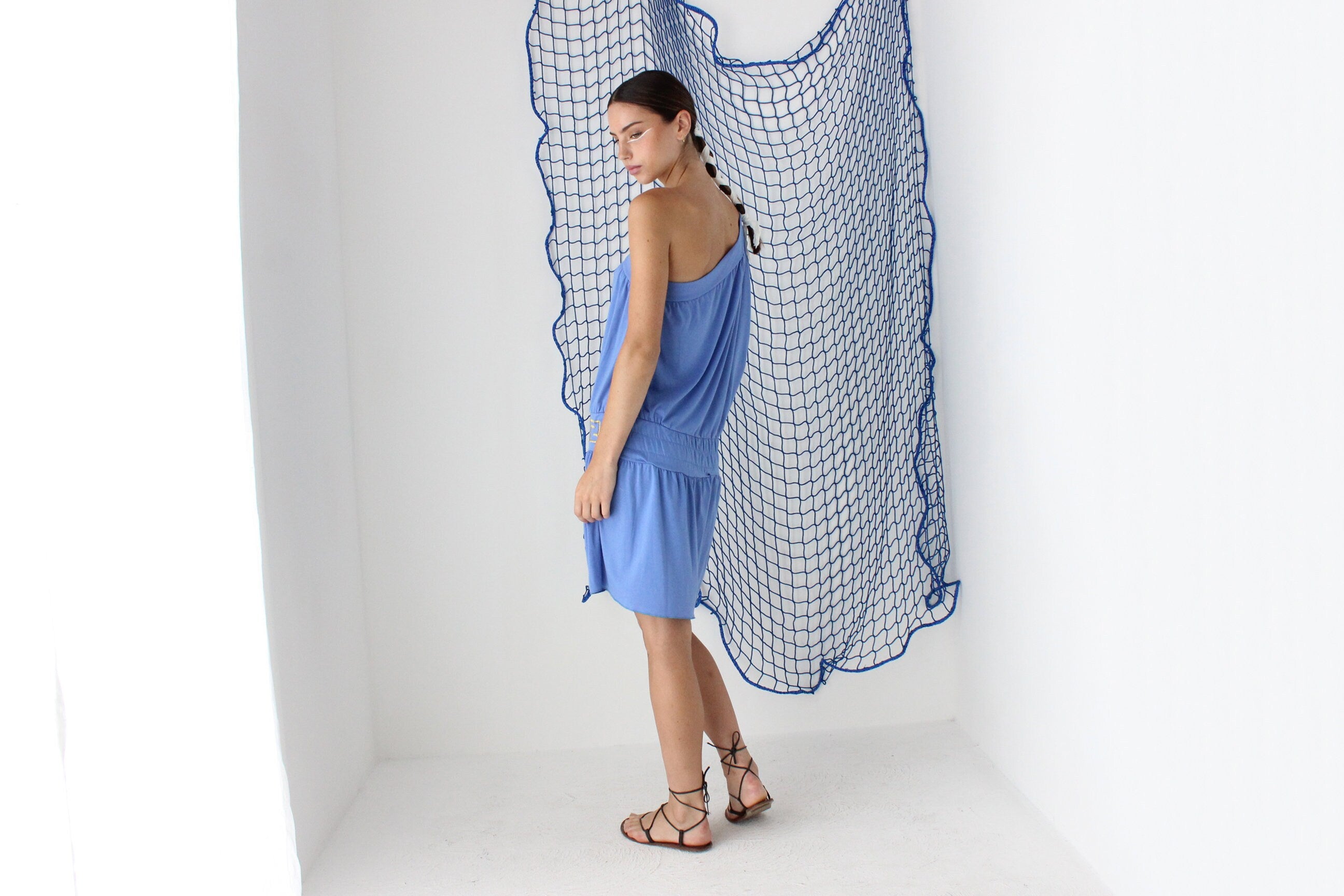MADE IN GREECE Y2K Jersey One Shoulder Mini Dress w/ Greek Key Motif