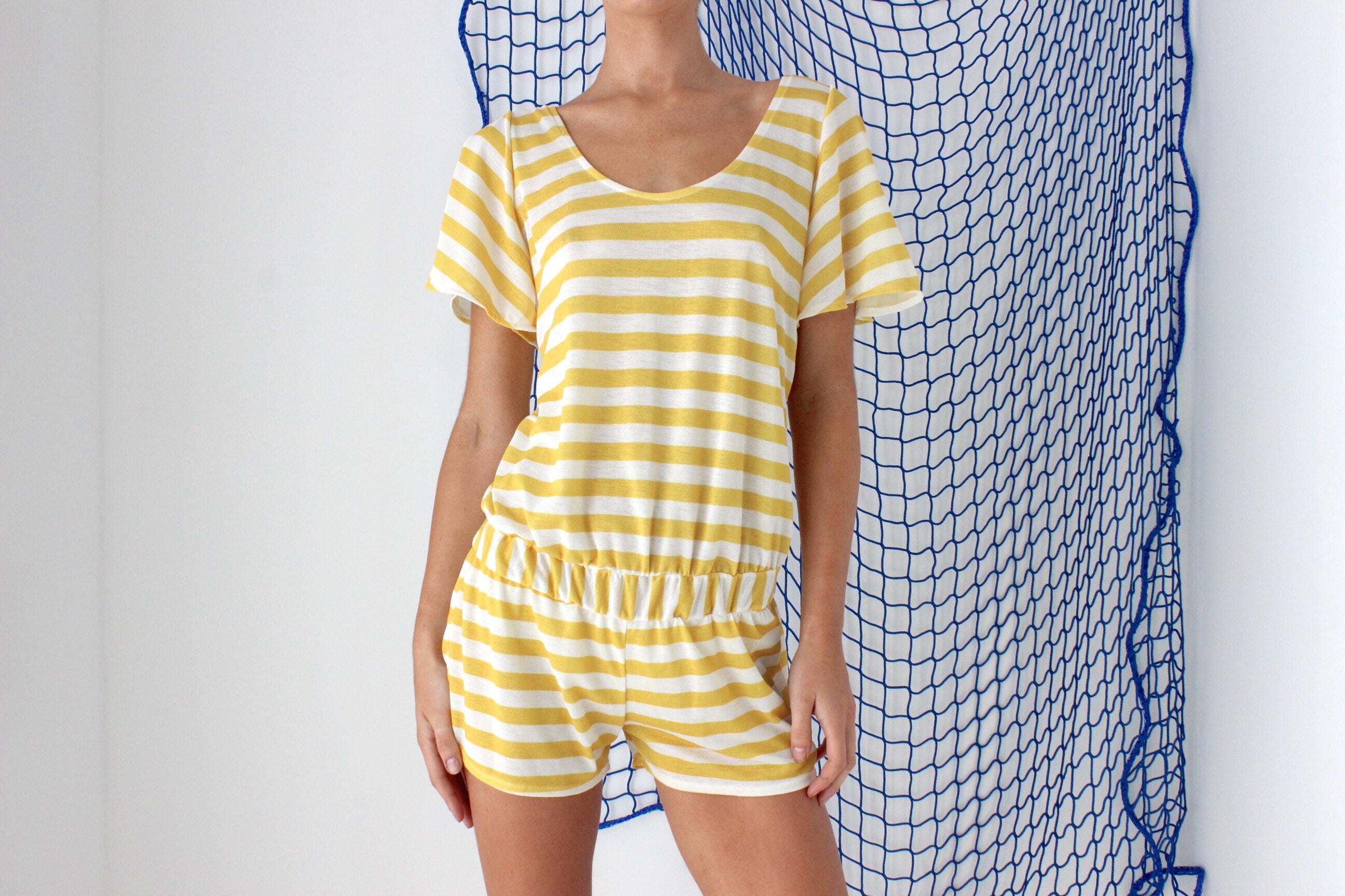 FOUND IN GREECE 2000s Striped Mesh Romper