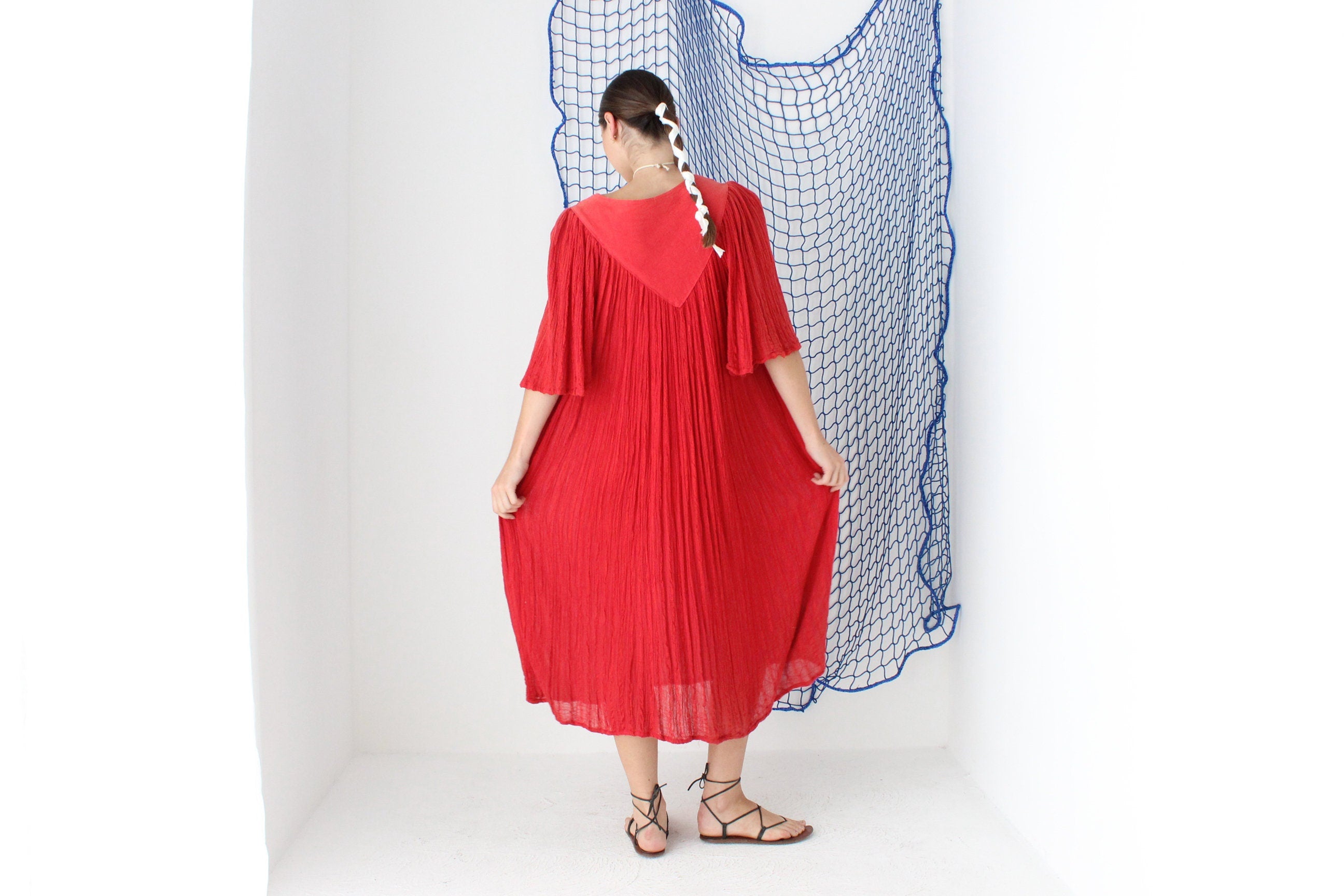 MADE IN GREECE 90s Cotton Gauze Smock Dress