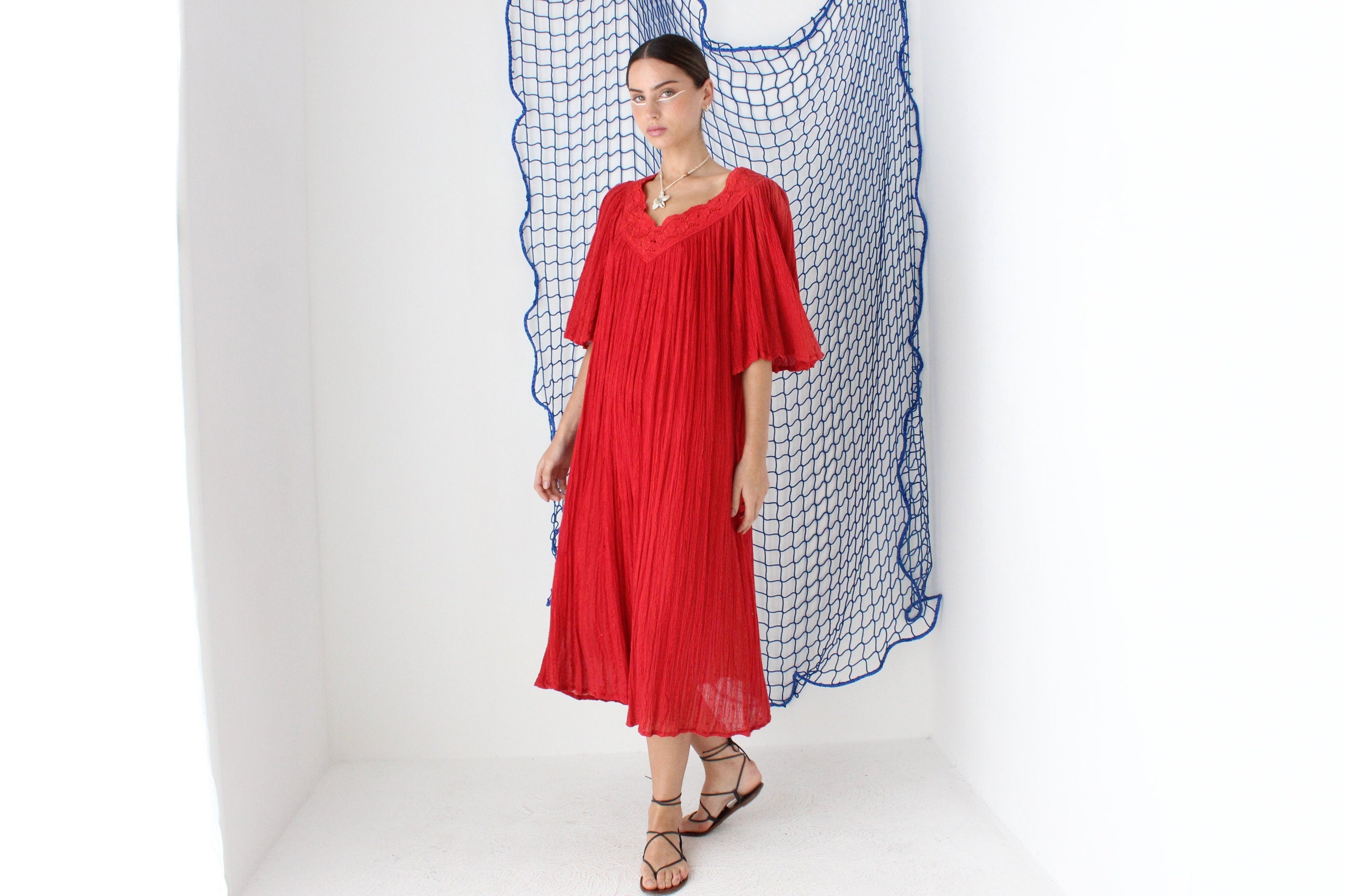 MADE IN GREECE 90s Cotton Gauze Smock Dress
