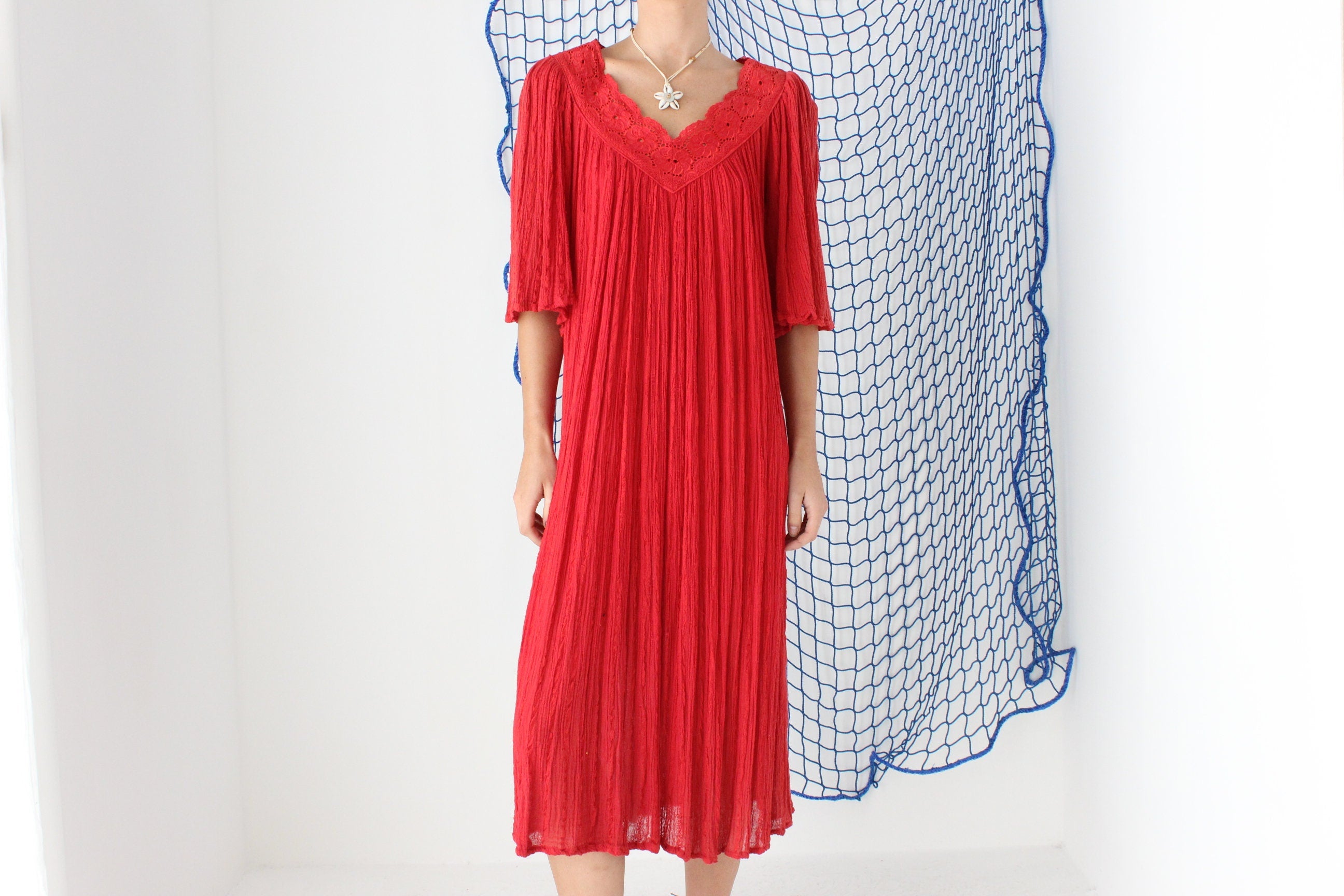 MADE IN GREECE 90s Cotton Gauze Smock Dress