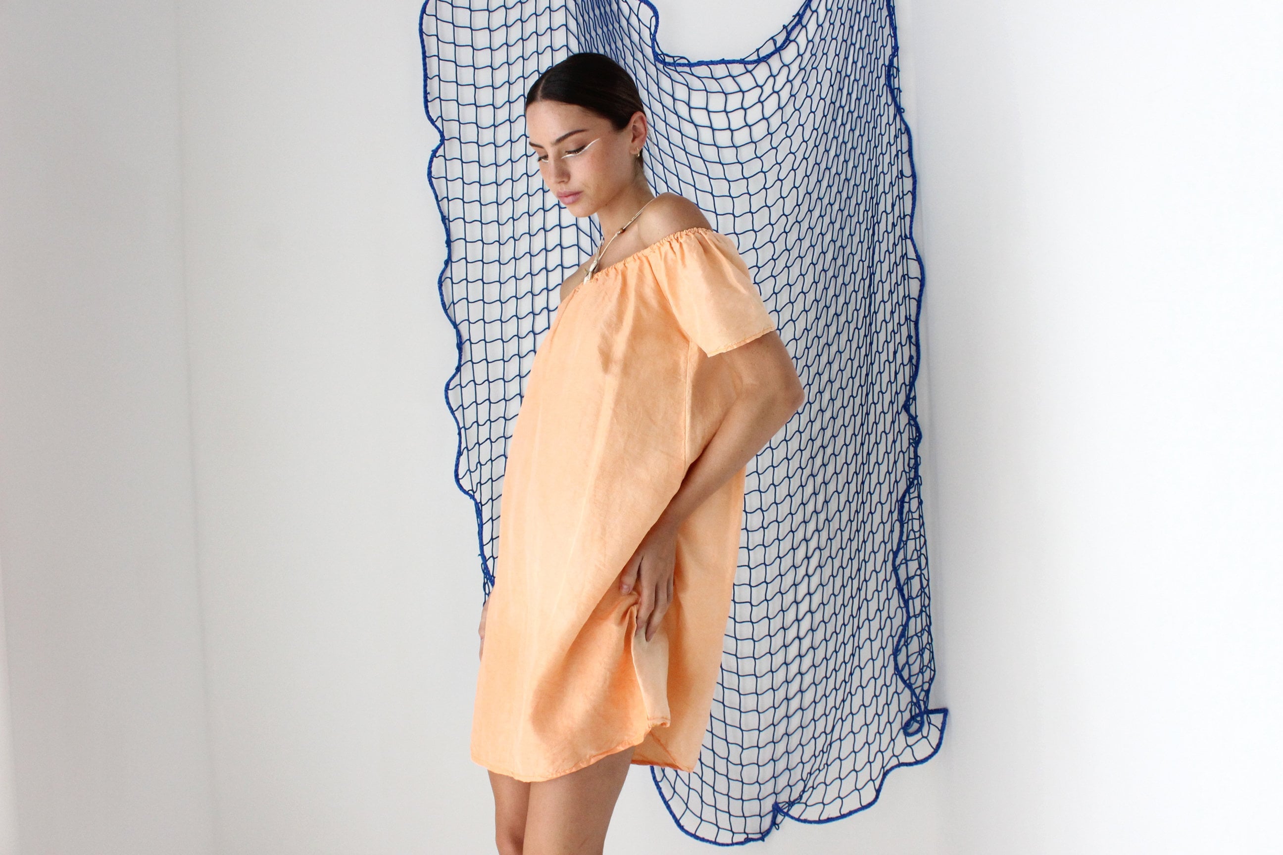 FOUND IN GREECE Sherbet Silk Taffeta Off Shoulder Mini