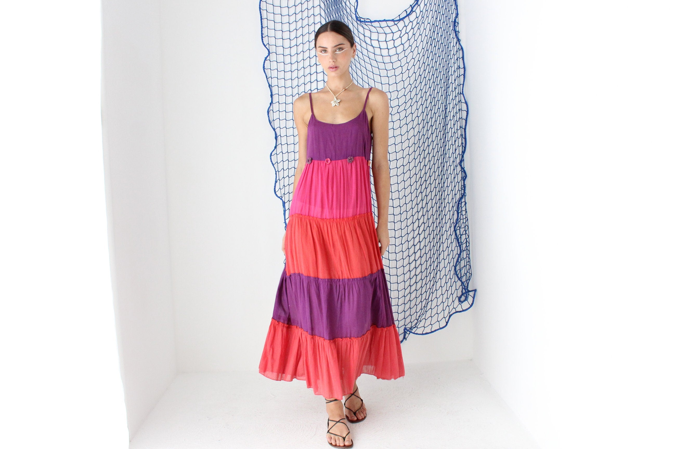 FOUND IN GREECE 90s Tiered Cotton Gauze Dress