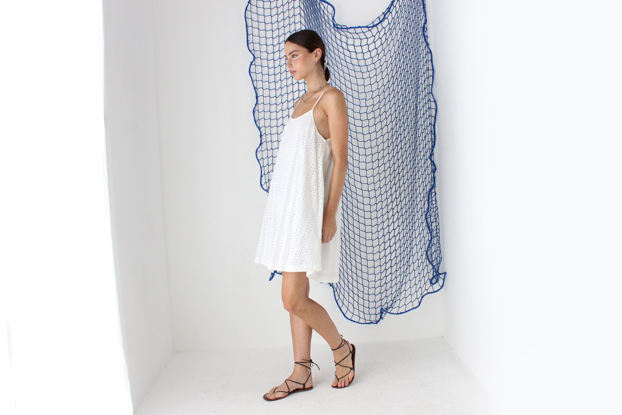 FOUND IN GREECE 90s Eyelet Cotton Trapeze Mini