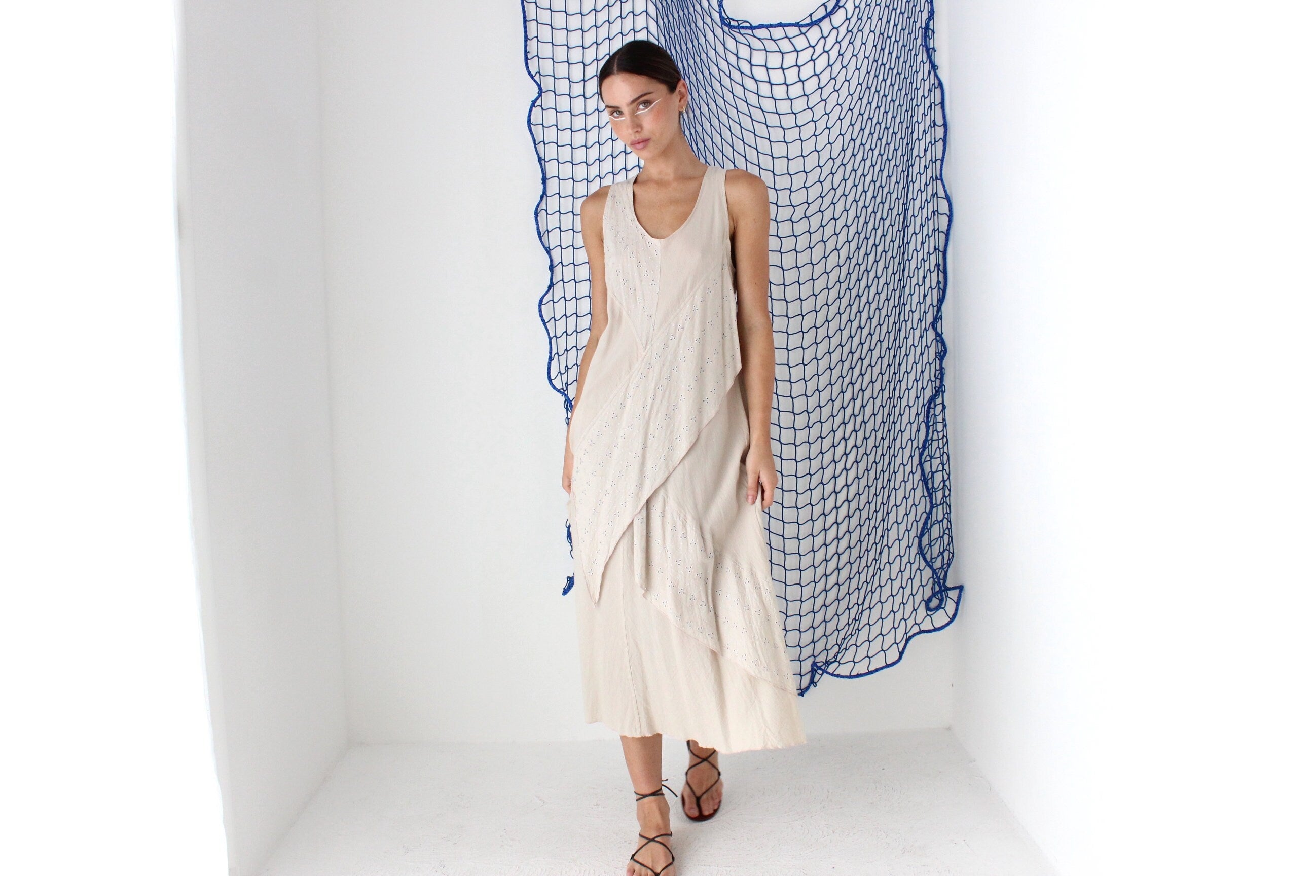 MADE IN GREECE 90s Cotton Eyelet Gauze Relaxed Dress