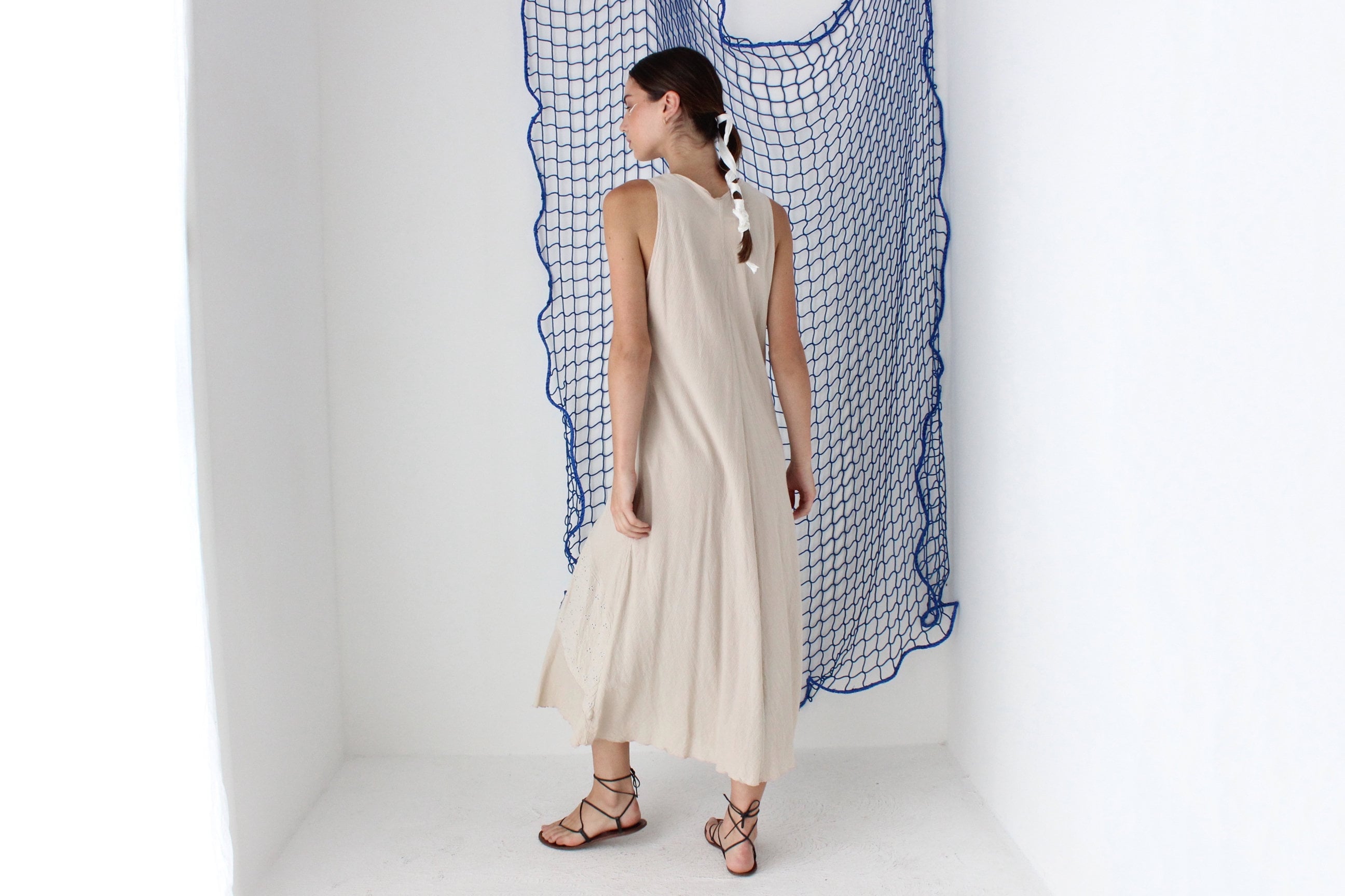 MADE IN GREECE 90s Cotton Eyelet Gauze Relaxed Dress