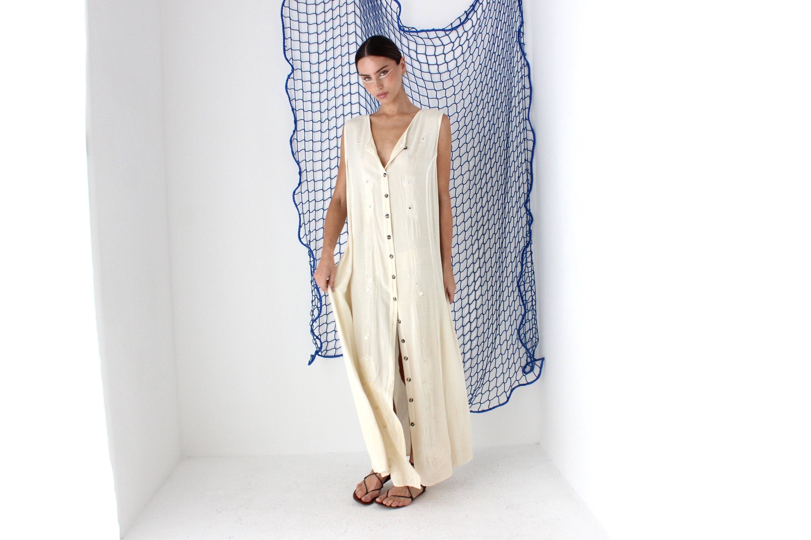 FOUND IN GREECE 90s Gauze Relaxed Button Front Dress w/ Mirror Embellishment