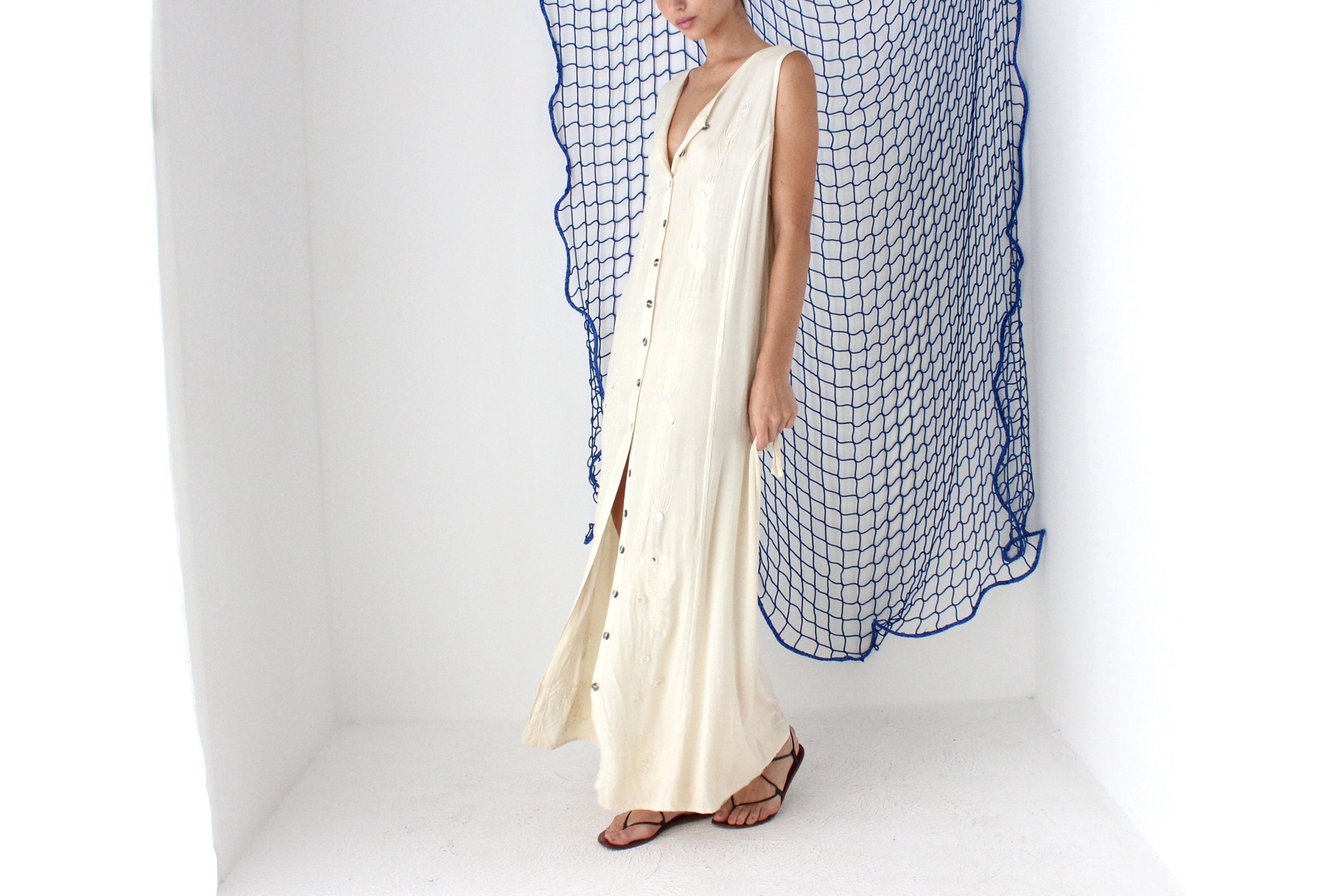 FOUND IN GREECE 90s Gauze Relaxed Button Front Dress w/ Mirror Embellishment