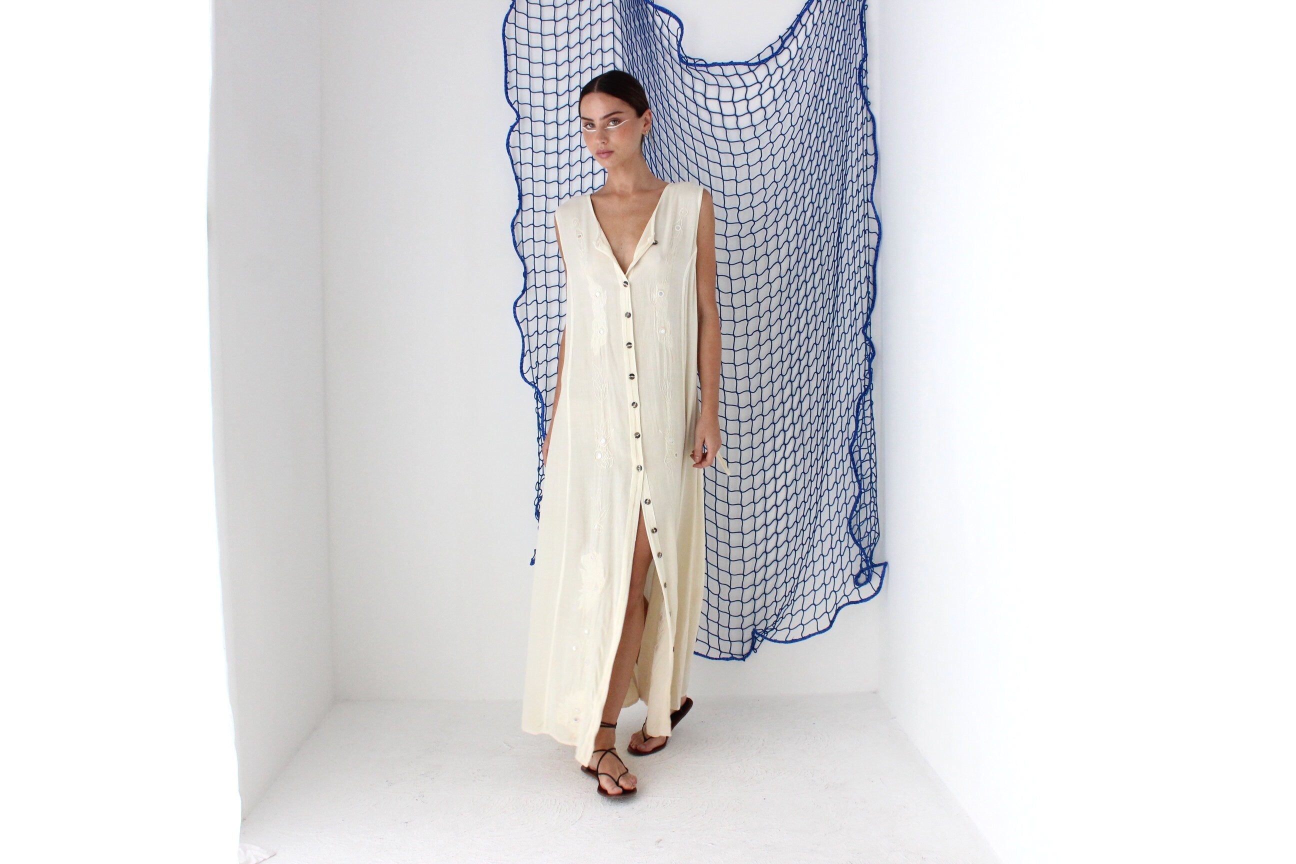 FOUND IN GREECE 90s Gauze Relaxed Button Front Dress w/ Mirror Embellishment