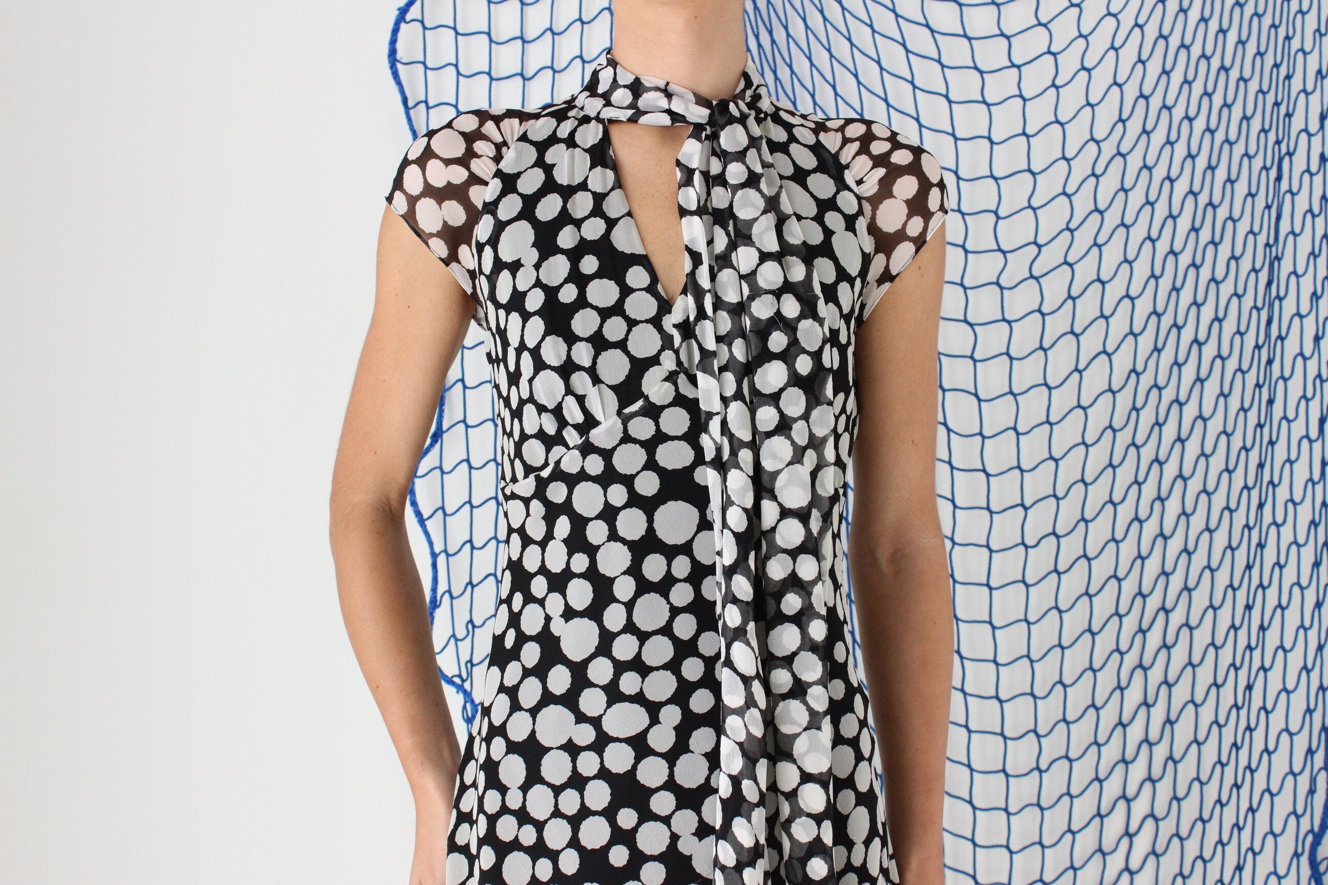 FOUND IN GREECE Y2K Pure Silk Flirty Polka Dot + Tie Neck Dress