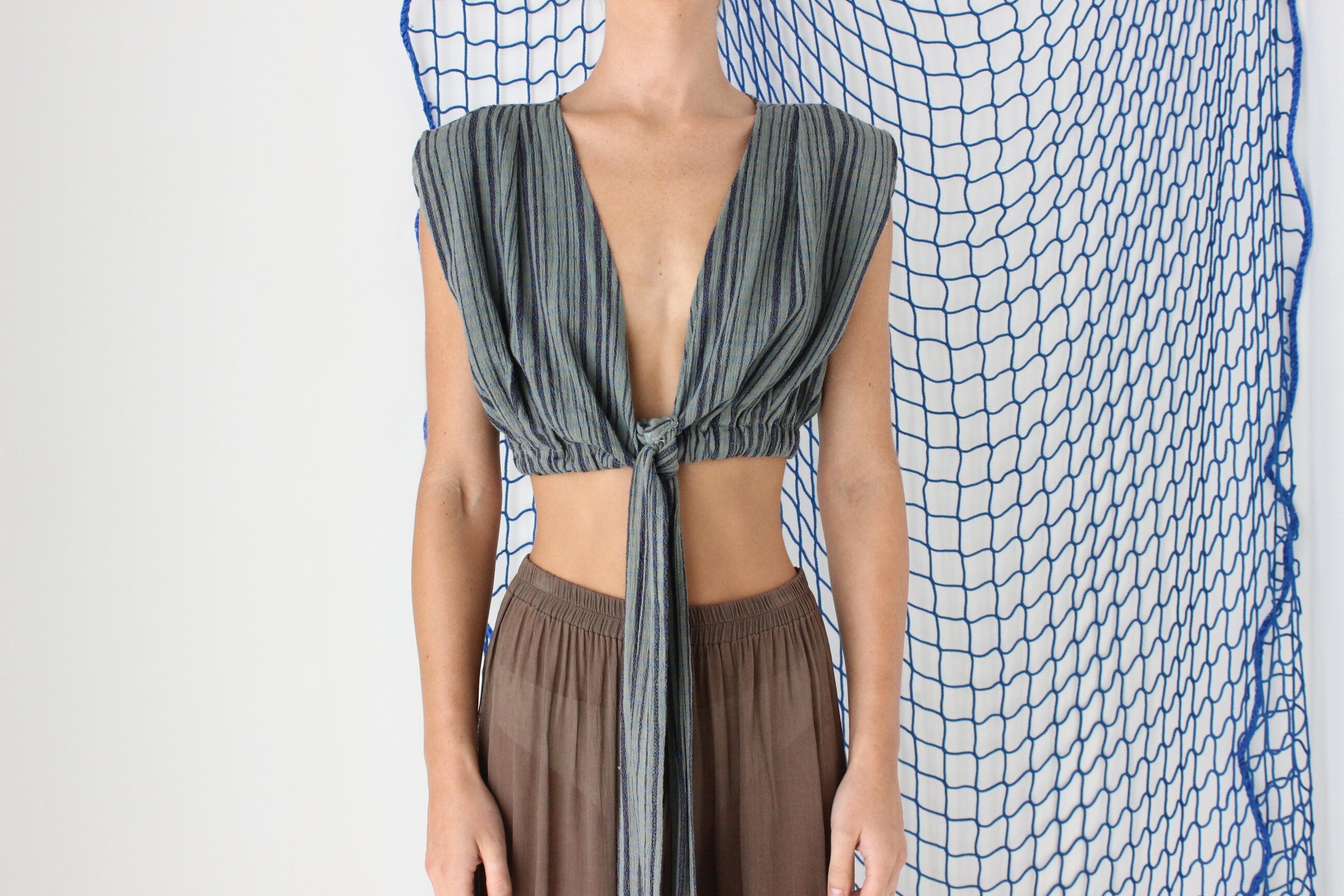 MADE IN GREECE 90s Cotton Gauze Tie Front Crop Top