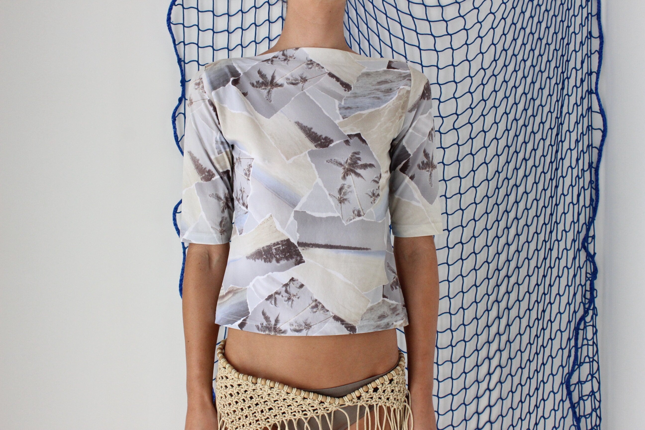 FOUND IN GREECE Y2K Pastel Palm Tree Mesh Top