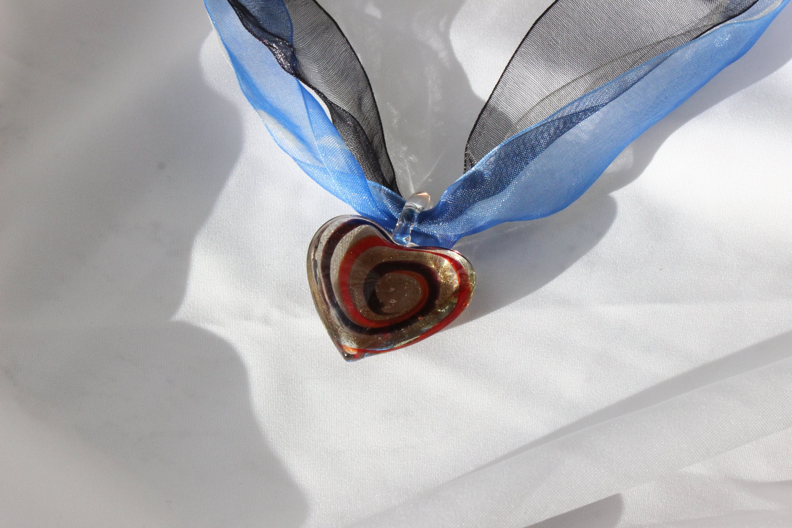 MADE IN ITALY Glass Heart Pendant Ribbon Necklace