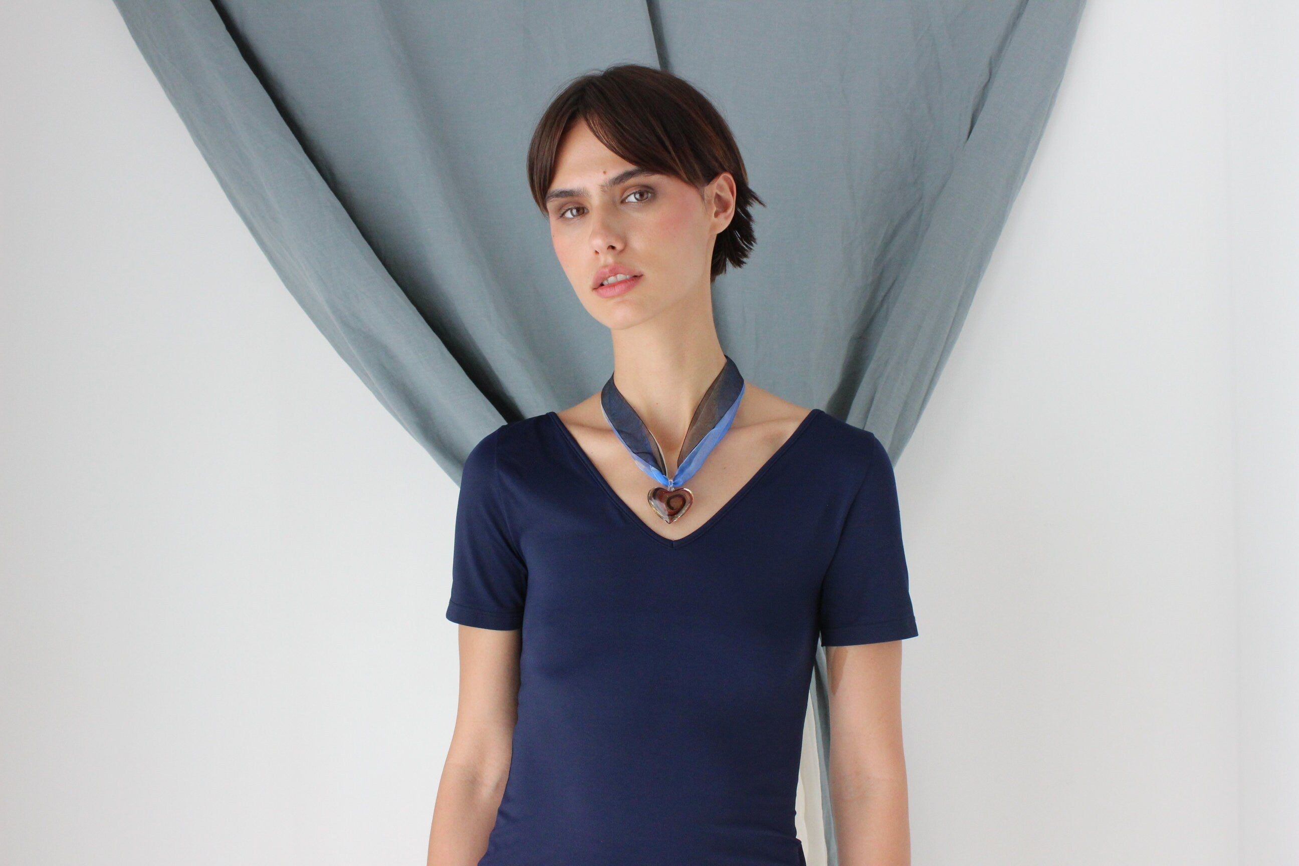 MADE IN ITALY Glass Heart Pendant Ribbon Necklace