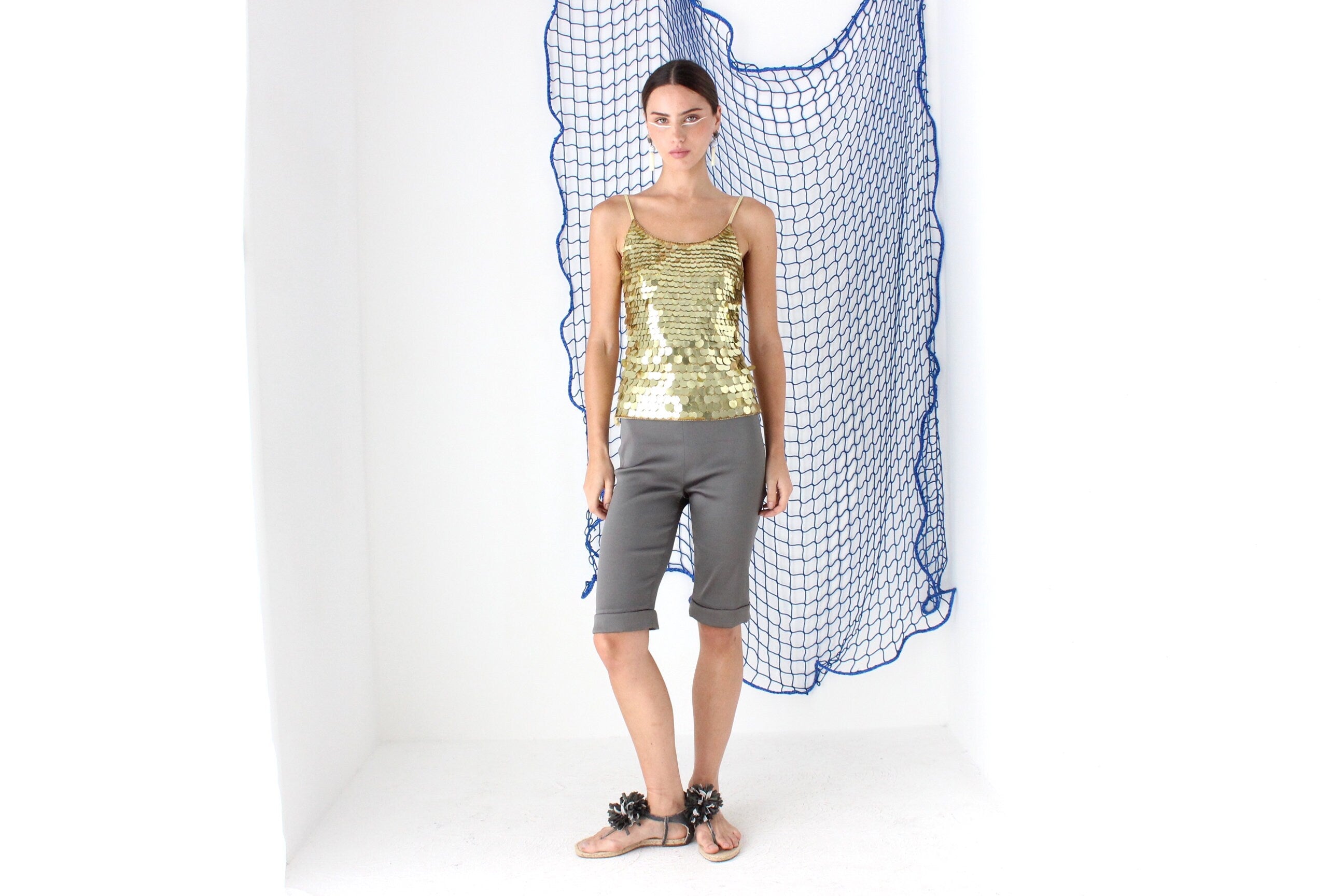 FOUND IN GREECE Y2K Gold Pailette Disc Sequin Disco Tank