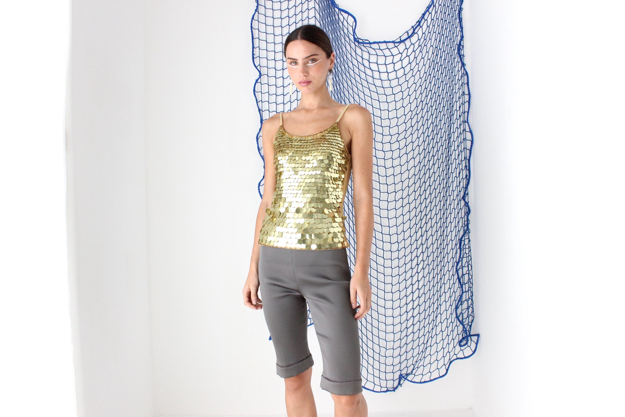FOUND IN GREECE Y2K Gold Pailette Disc Sequin Disco Tank