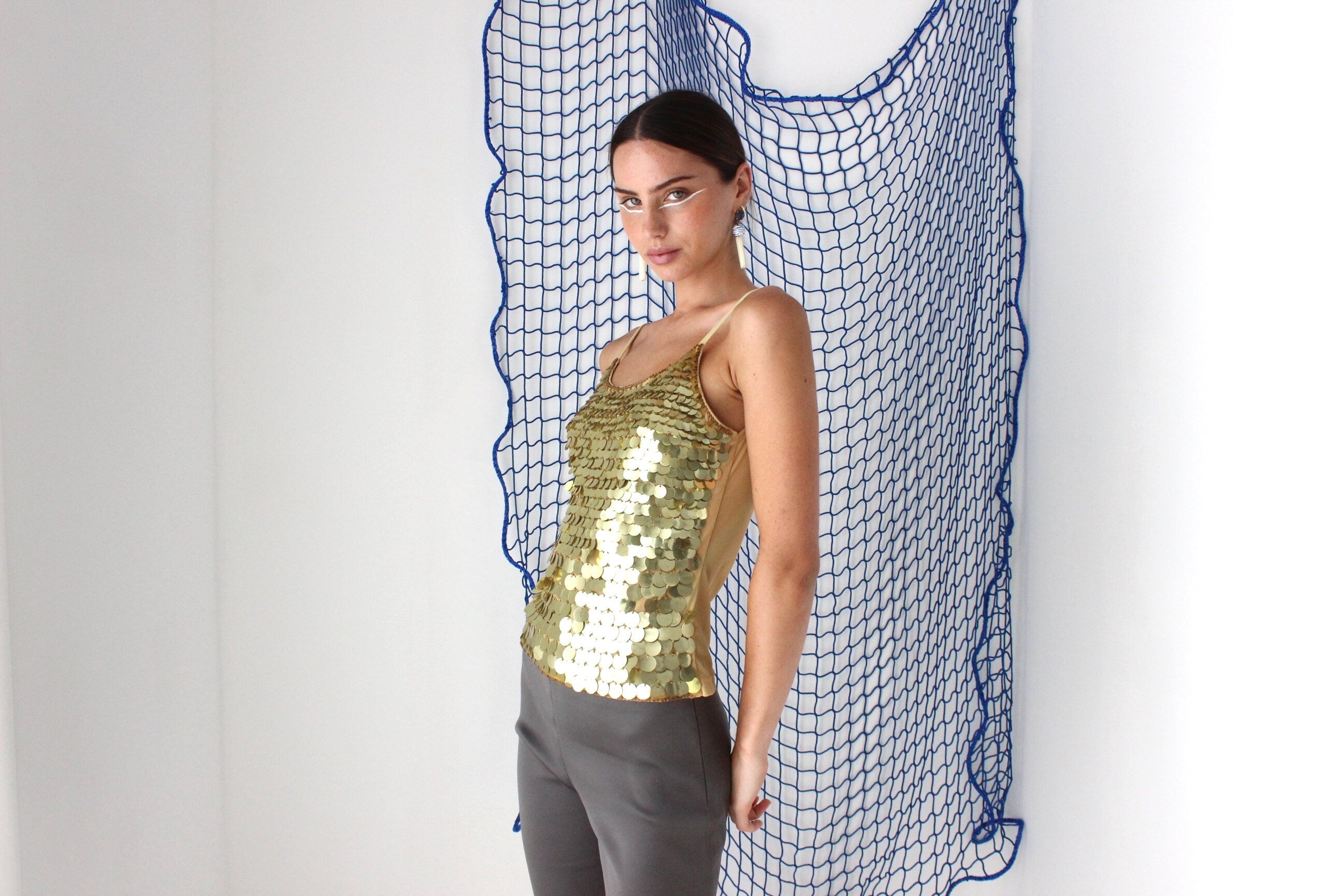 FOUND IN GREECE Y2K Gold Pailette Disc Sequin Disco Tank