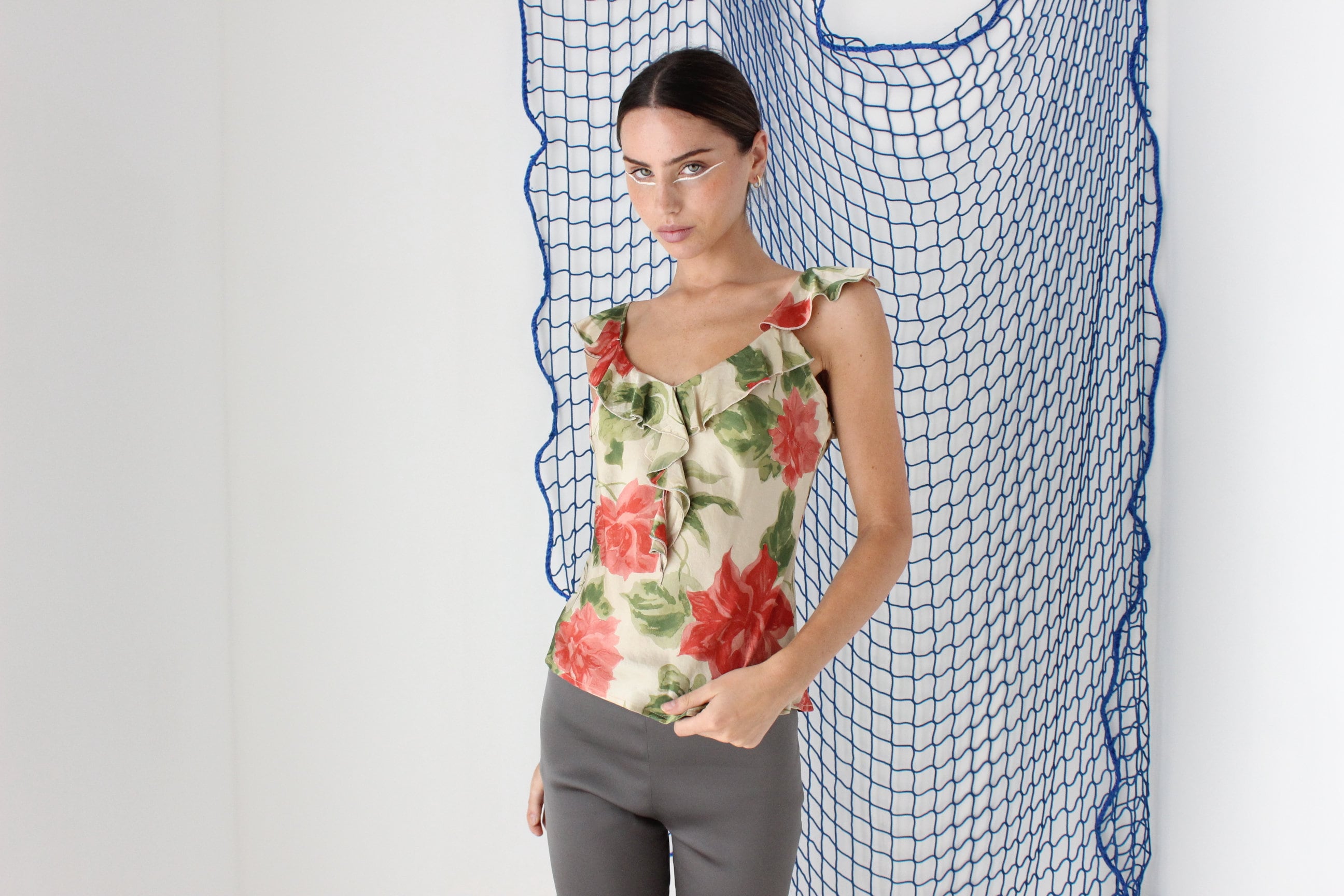 FOUND IN GREECE Y2K Pure Silk Ruffle Rose Cami